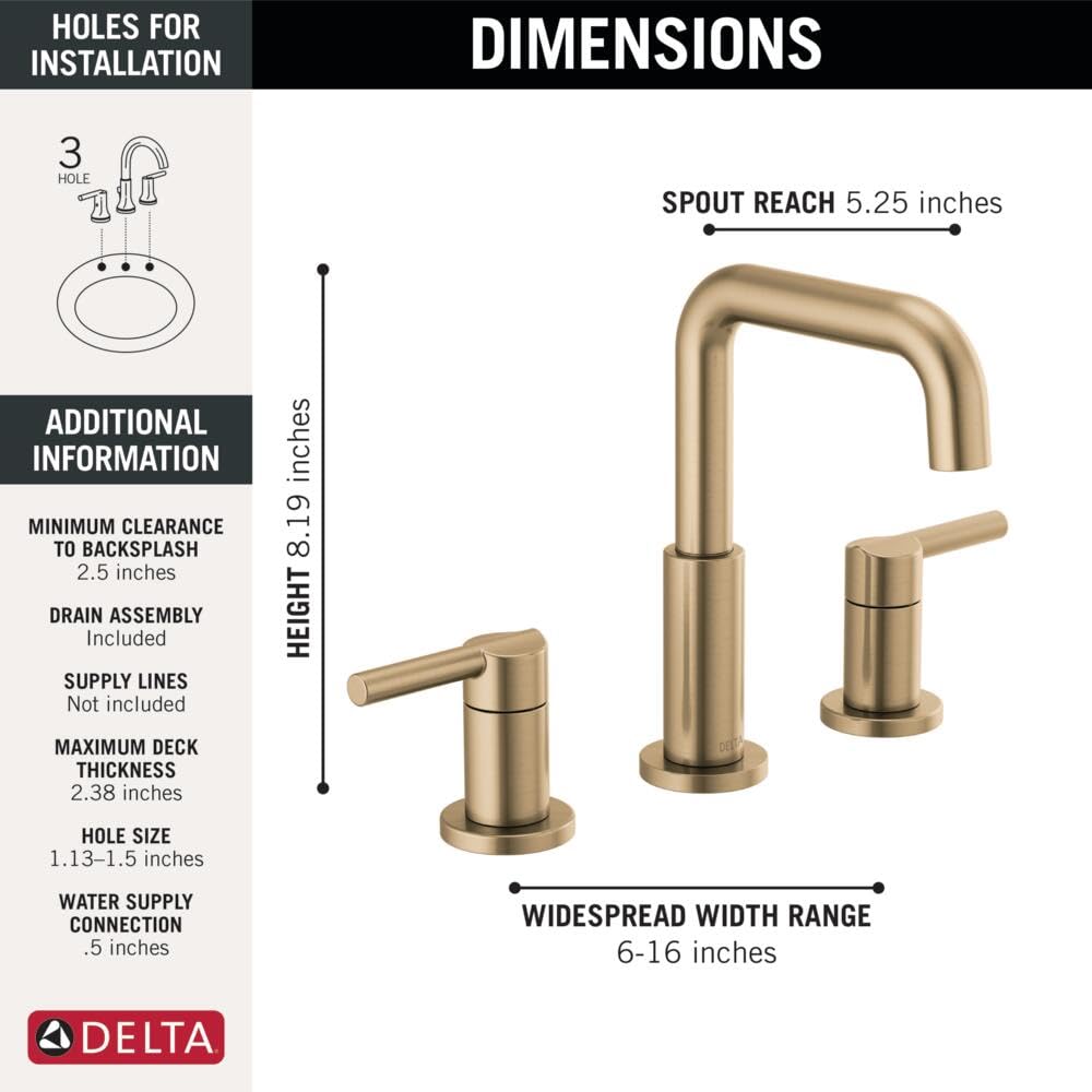 Delta Nicoli 3-Hole Widespread Bathroom Faucet in Champagne Bronze - High Arc Spout Bathroom Sink Faucet with Drain Assembly - Perfect for Modern Vanities and Guest Bathrooms (Model 35849LF-CZ)