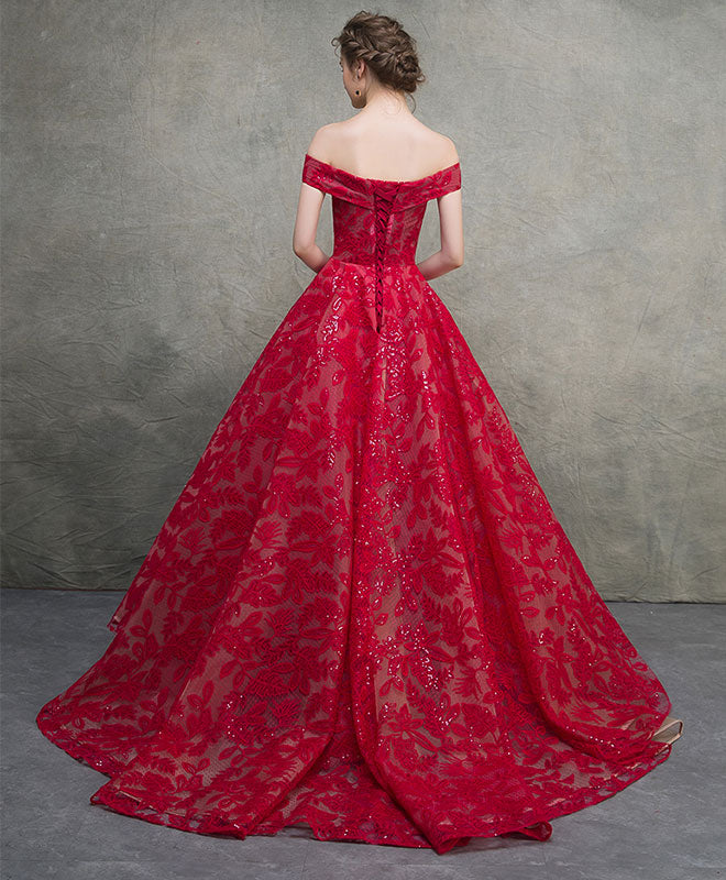 Elegant Red Off Shoulder Lace Long Prom Dress | Formal Evening Gown for Women | Perfect for Homecoming, Prom Night & Special Occasions