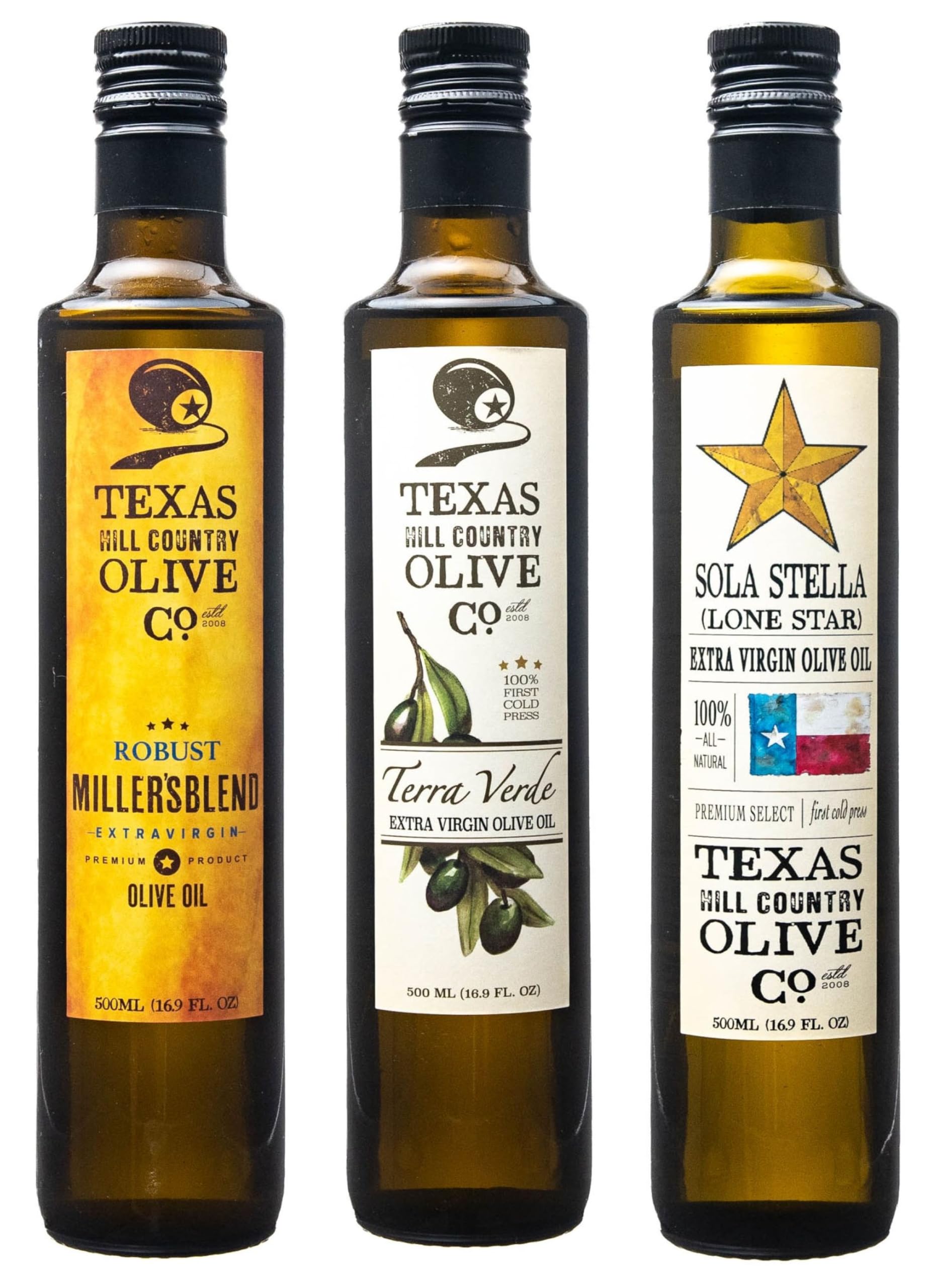 Premium Award-Winning Olive Oil Gift Set - Texas Millers Blend, Terra Verde Estate & Sola Stella (3x500ml) in Kraft Gift Box - Perfect for Gourmet Cooking, Holiday Gifting & Special Occasions