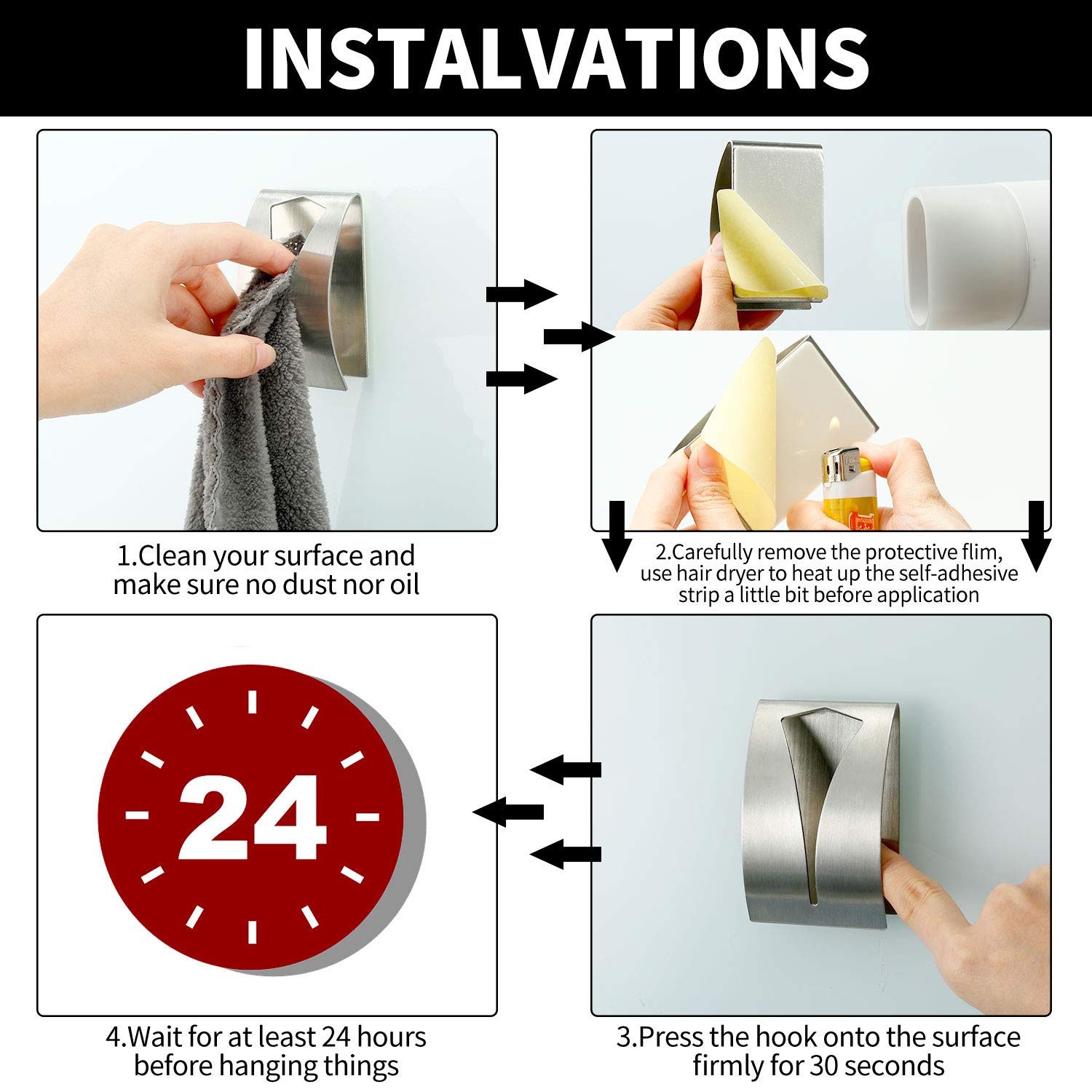 4 Pack Self Adhesive Stainless Steel Towel Hooks - No Drill Wall Mounted Kitchen & Bathroom Organizer - Strong Hold for Dish Towels, Hand Towels, Tea Towels - Perfect for Kitchen, Bathroom, Laundry Room Organization (Silver)