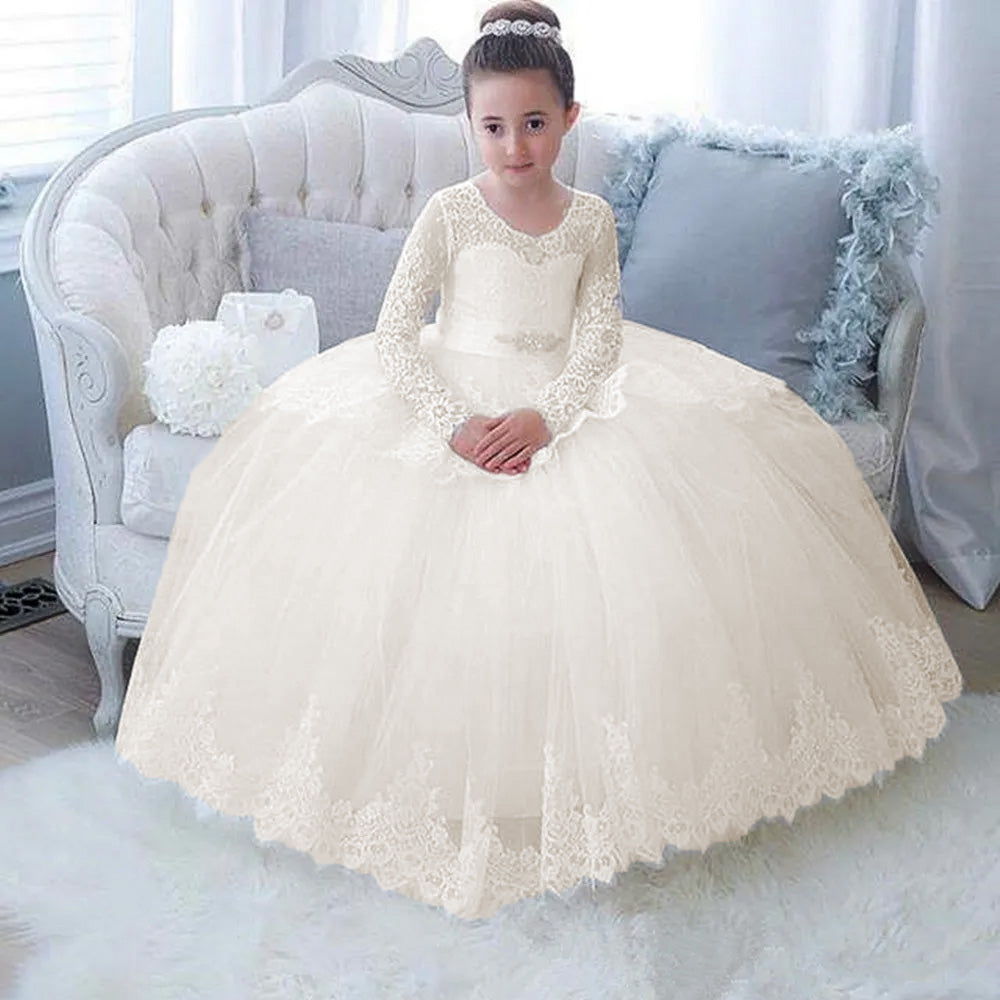 Puffy Little Girls Pageant Flower Girl First Communion Dress - Elegant Lace Princess Gown for Weddings, Baptisms & Special Occasions