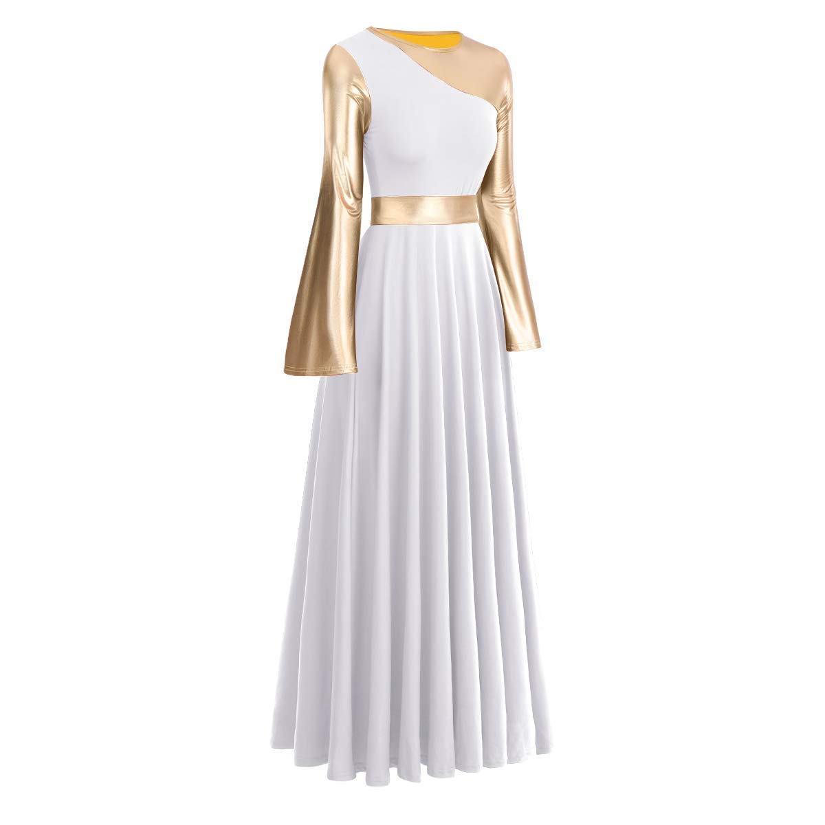 Metallic Praise Dance Dress for Women - Color Block Bell Sleeve Long Liturgical Worship Dress | Church Performances, Gospel Choir, Spiritual Dance Costume