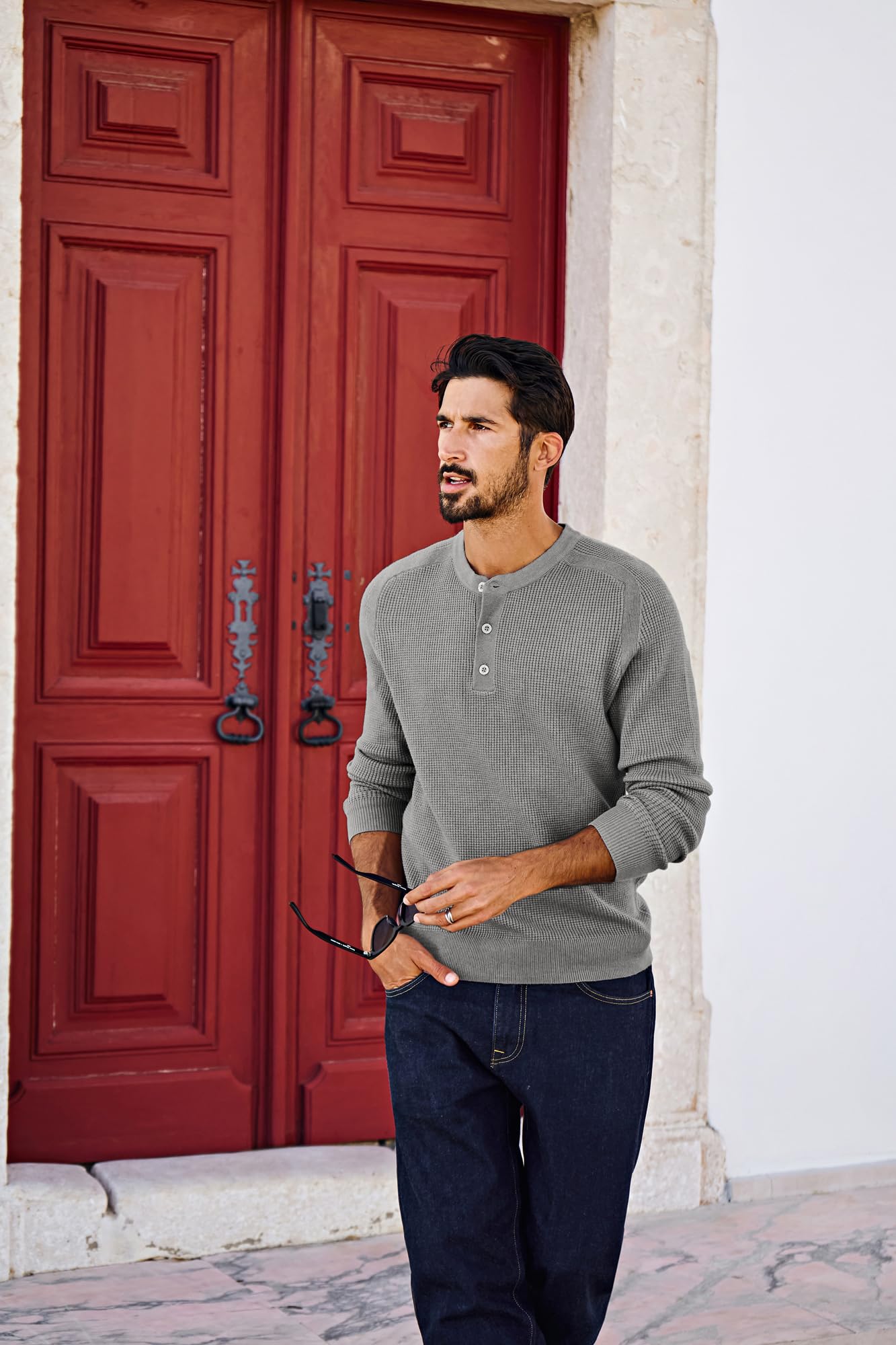 PJ PAUL JONES Men's Waffle Knit Pullover Sweater - Crew Neck & Henley Collar Design - Soft Fine Knit Jumper for Casual Wear, Office, and Winter Outfits