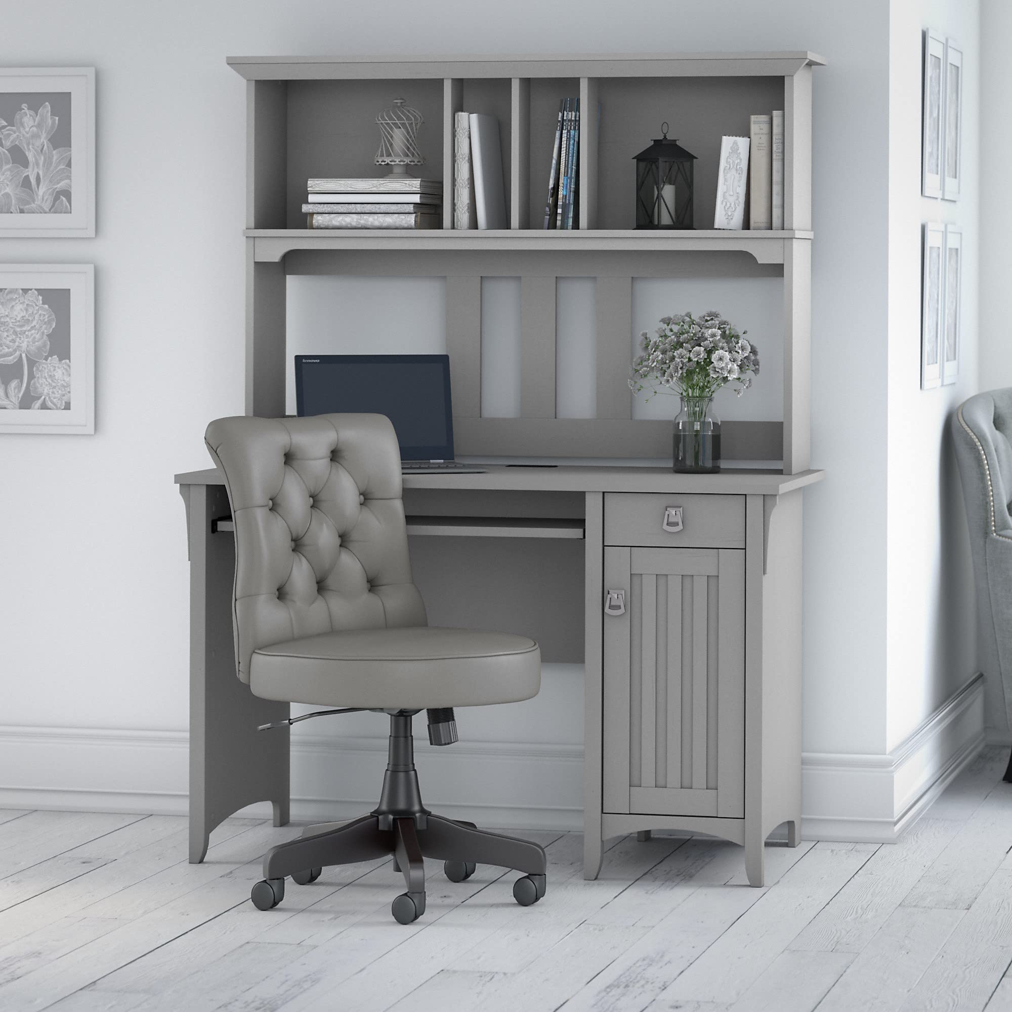 Bush Furniture Salinas 48W Computer Desk with Hutch & Mid Back Tufted Office Chair in Cape Cod Gray - Home Office Workstation for Small Spaces, Remote Work & Study