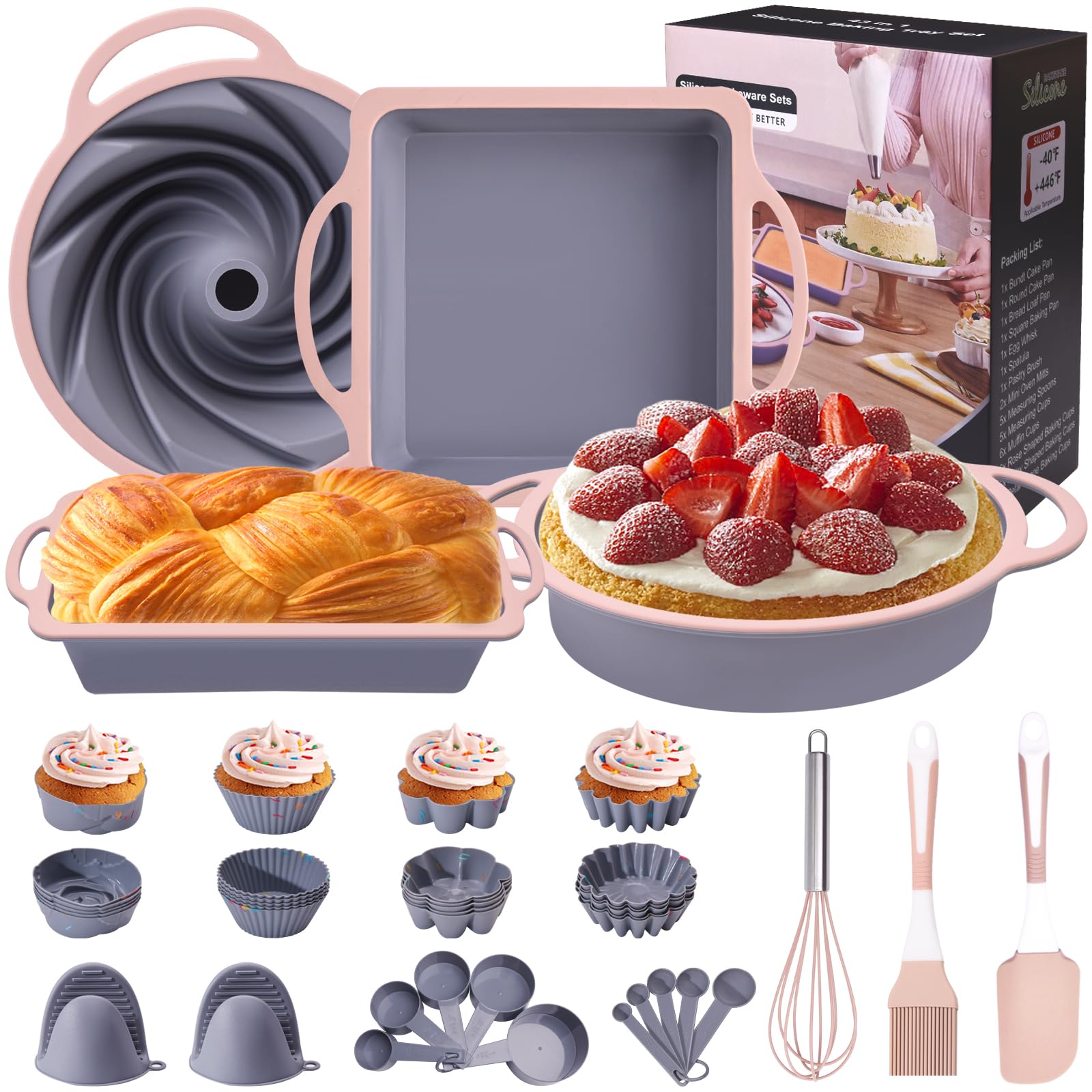 43 in 1 Nonstick Silicone Baking Set - Bundt Cake Pan, Bread Loaf Pan, Muffin Cups with Steel Ring, Silicone Spatulas, Pastry Brush, Oven Mitts & Whisk - Pink Bakeware Kit for Cakes, Breads, Cupcakes & More - Perfect for Home Baking, Parties & Gifts