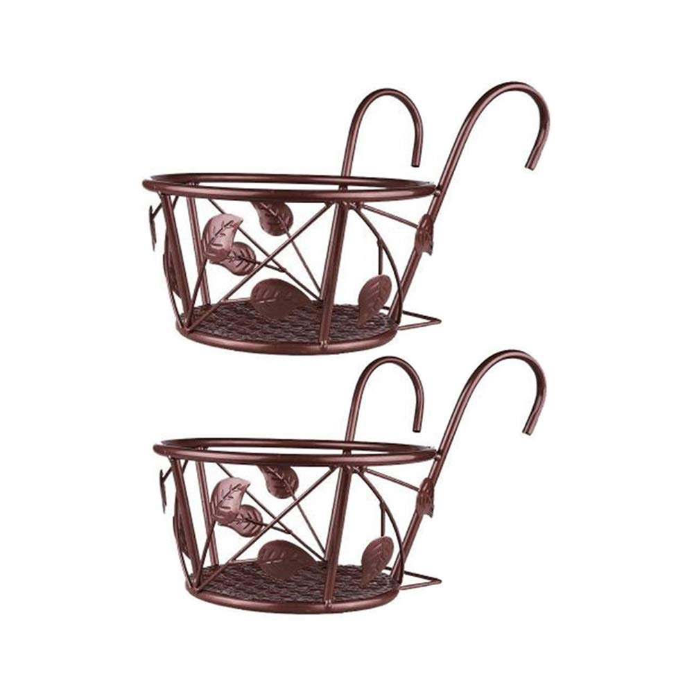 Decorative Iron Hanging Railing Planter - 2 Pack Bronze Leaf Design Flower Basket Holder for Balcony, Porch, Fence or Patio | Easy Assembly Metal Plant Hanger for Outdoor Gardens & Home Decor