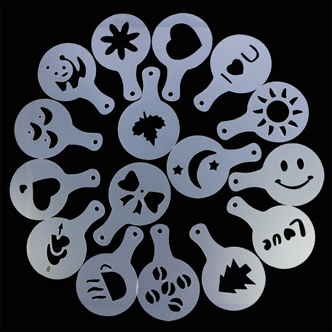 16 Pcs Coffee Stencils Set for Latte Art - Reusable Cappuccino Templates with Chocolate Shaker & Cocoa Flour Spray - Perfect for Baristas, Coffee Shops & Home Brewing (Flower & Decorative Patterns)