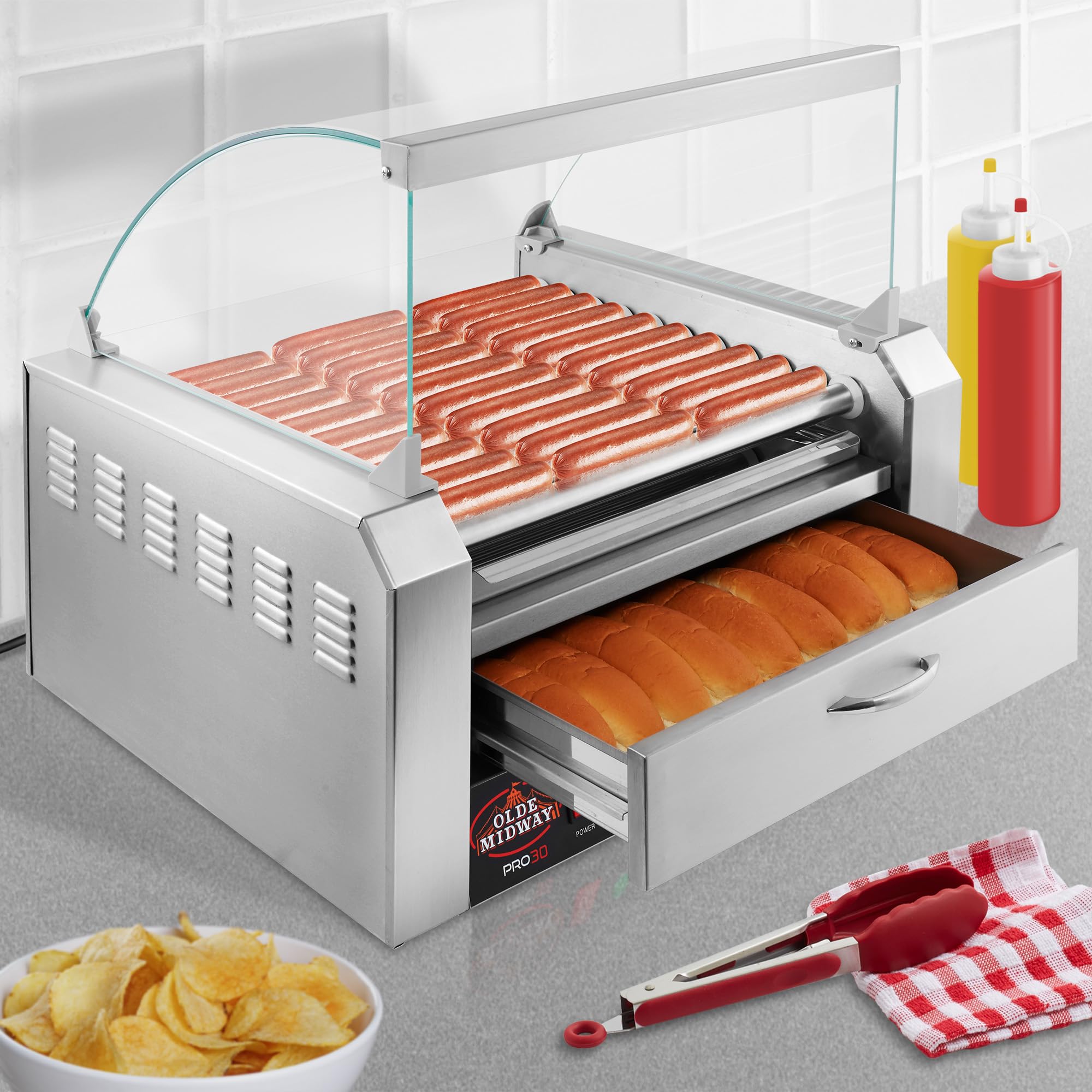 Olde Midway Electric 30 Hot Dog 11 Roller Grill Cooker Machine with Bun Warming Drawer & Cover - Commercial Grade Stainless Steel for Restaurants, Food Trucks & Concession Stands