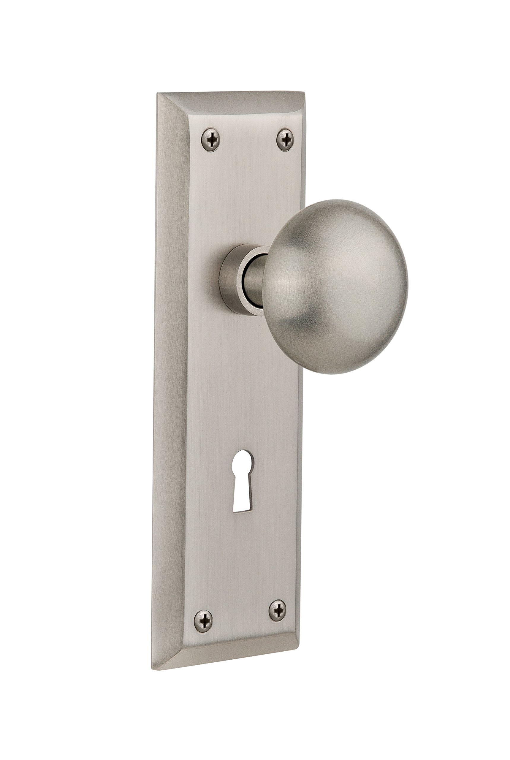 Vintage New York Plate with Keyhole Door Knob - Double Dummy Satin Nickel Finish - Classic Home Decor for Bedroom, Bathroom & Office Doors