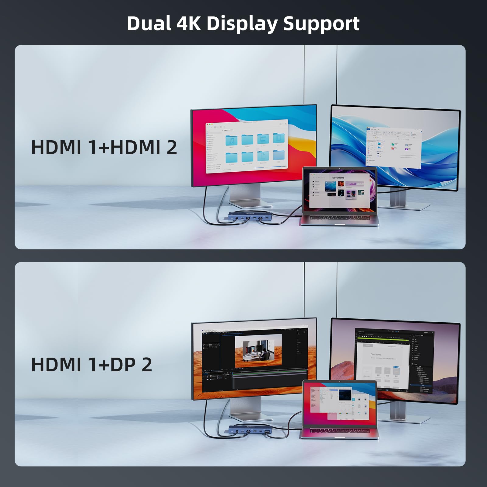 Universal Laptop Docking Station with Dual 4K Display, 100W PD Charging, USB-C & USB 3.0 Ports - Compatible with MacBook M1/M2/M3, MacBook Air/Pro & Windows Laptops - Perfect for Home Office, Remote Work & Multi-Monitor Setup