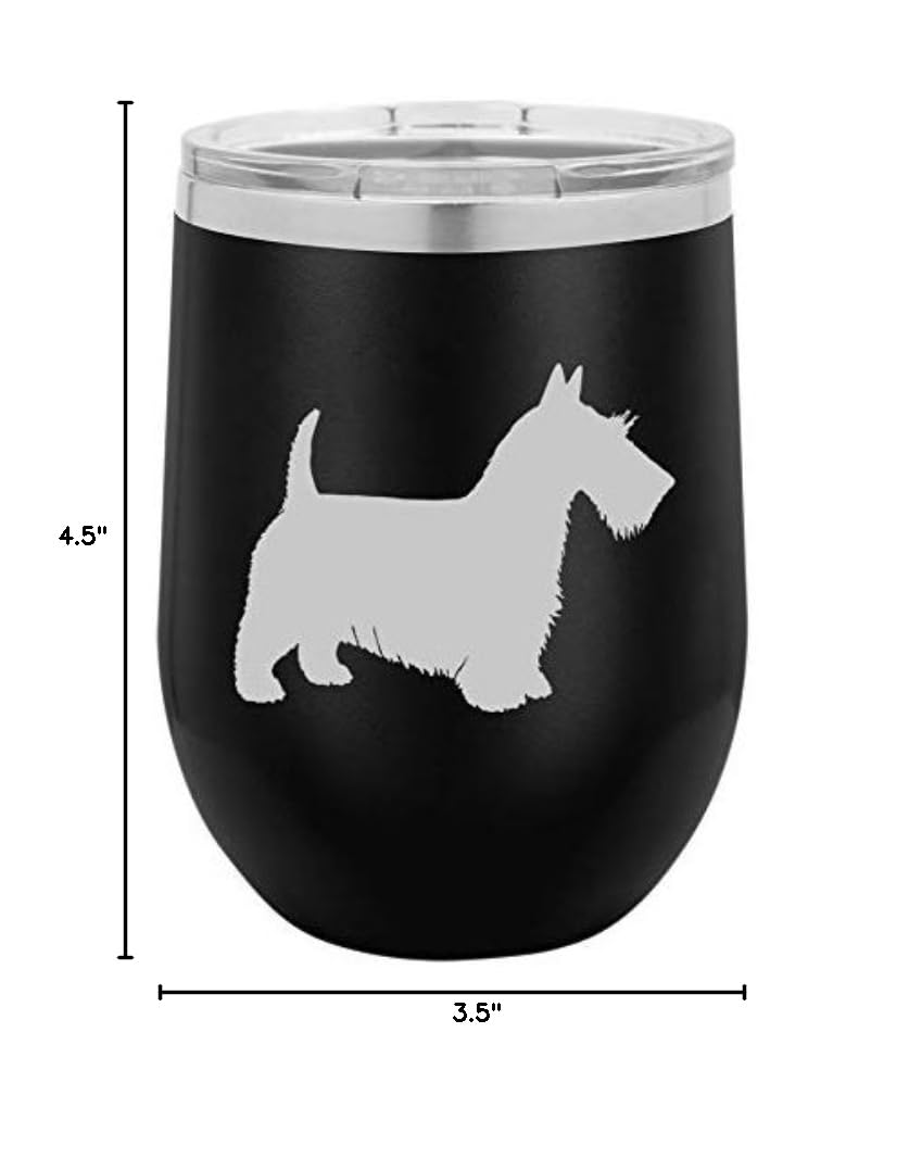 12 oz Double Wall Vacuum Insulated Stainless Steel Stemless Wine Tumbler - Leakproof Travel Mug for Coffee, Tea & Hot/Cold Drinks - Cute Scottie Scottish Terrier Design (Black) - Perfect for Office, Commuting, Camping & Outdoor Activities