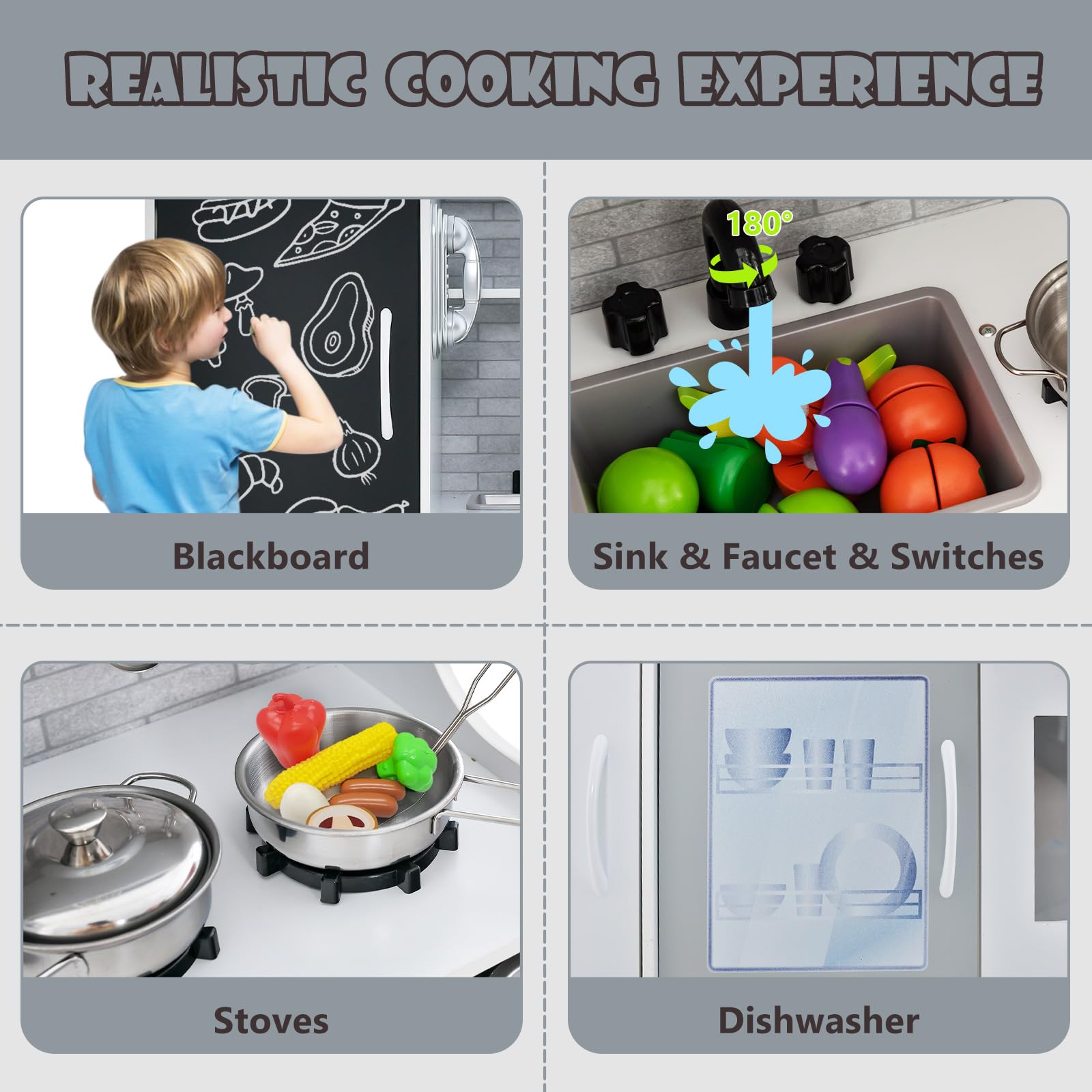 Costzon Wooden Kids Kitchen Playset with Blackboard, Telephone, Microwave & More - Pretend Play Kitchen Toy for Toddlers & Preschoolers Ages 3+ (Grey) | Perfect for Role Play, Birthday Gifts & Early Learning Development
