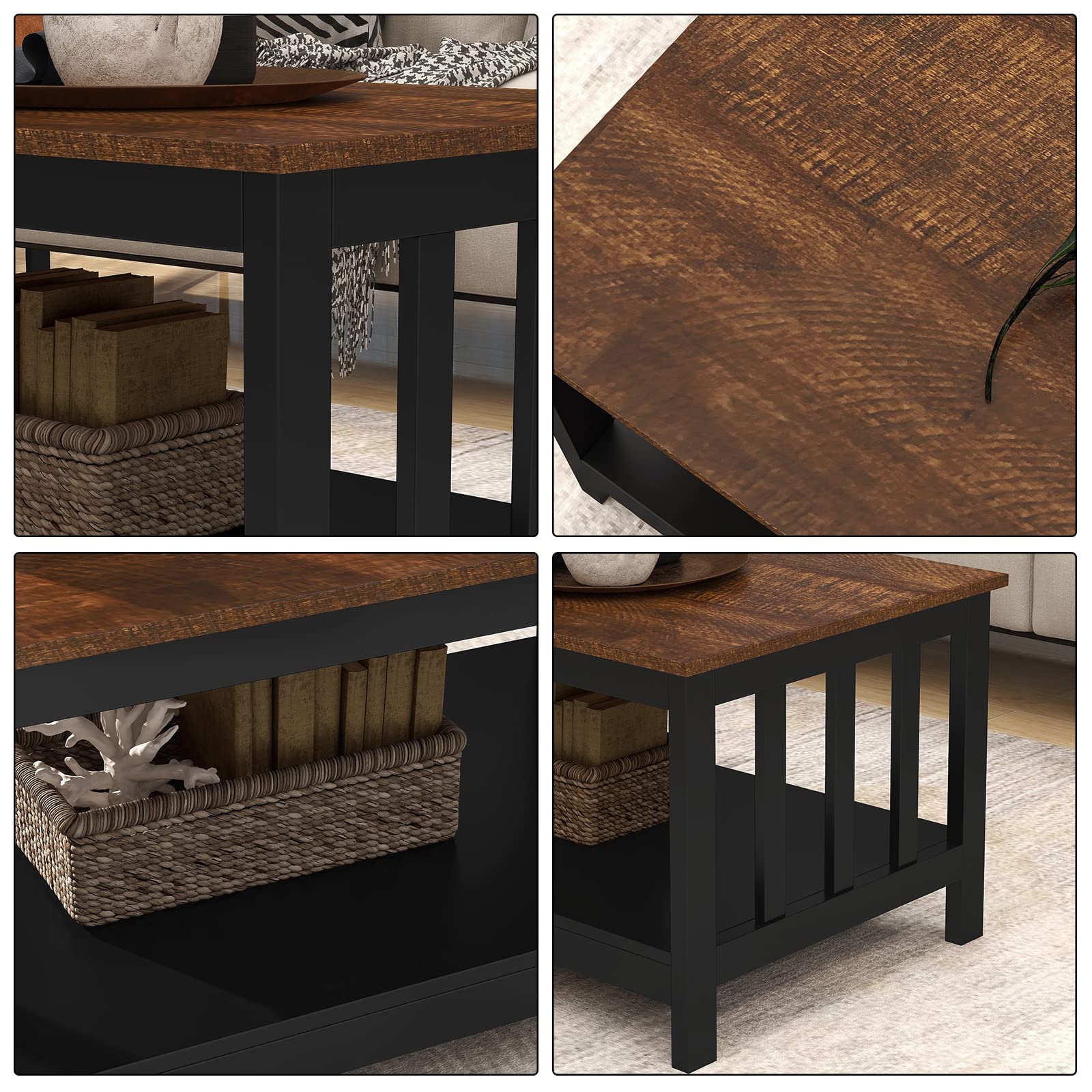 ChooChoo Farmhouse Coffee Table - 40 Inch Rustic Black Wooden Living Room Table with Storage Shelf | Perfect for Small Spaces, Farmhouse Decor & Cozy Living Rooms