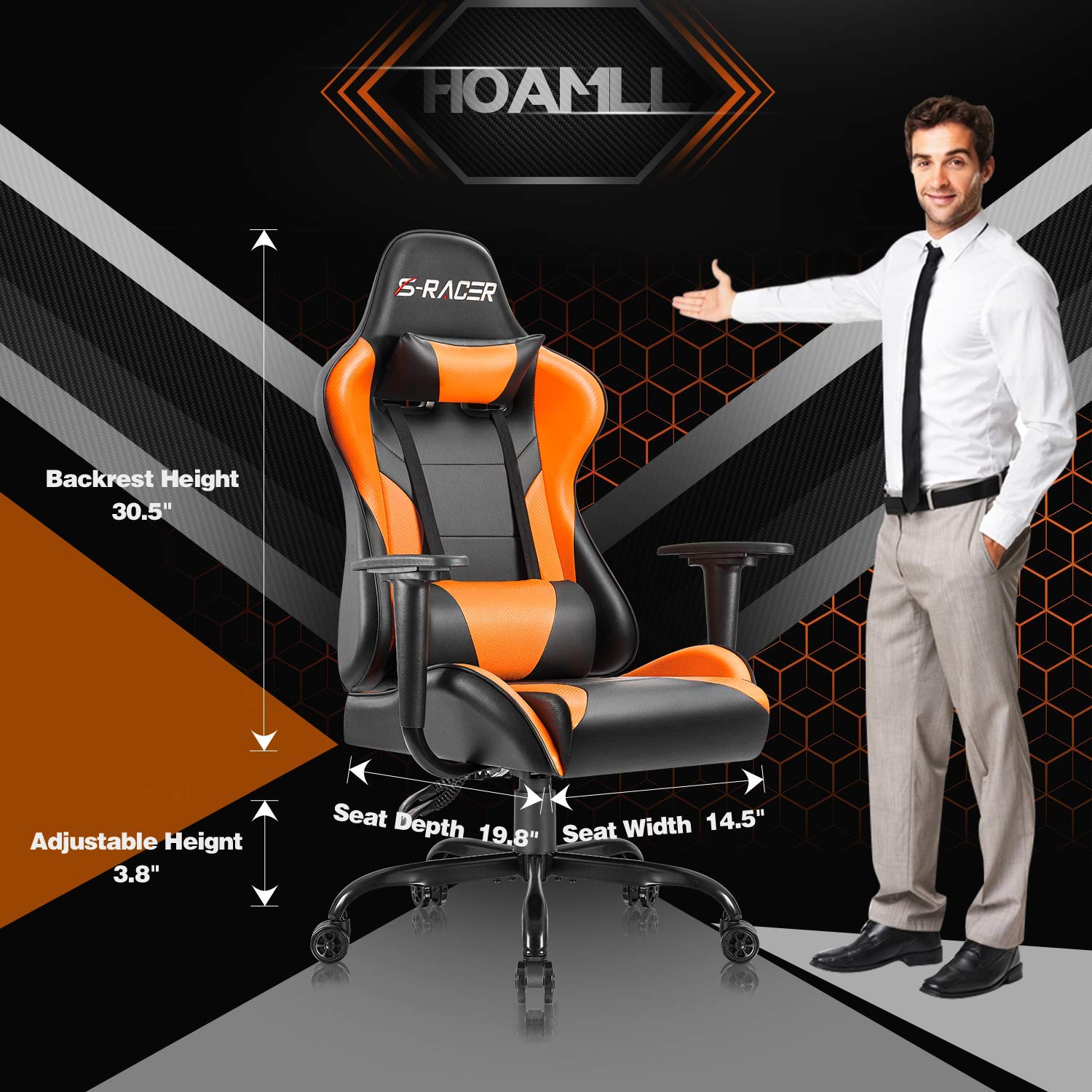 Homall Gaming Office Chair - High Back Ergonomic Computer Desk Chair with Adjustable Height, PU Leather, Headrest & Swivel for Adults (Orange) - Perfect for Gaming, Work & Home Office Use