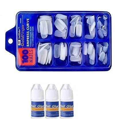 ALVRIO 100 Pc White Curved Artificial Nail Tips with 3 Glue Bottles & Application Guide - Perfect for DIY Manicures, Salon Use & Nail Art Extensions