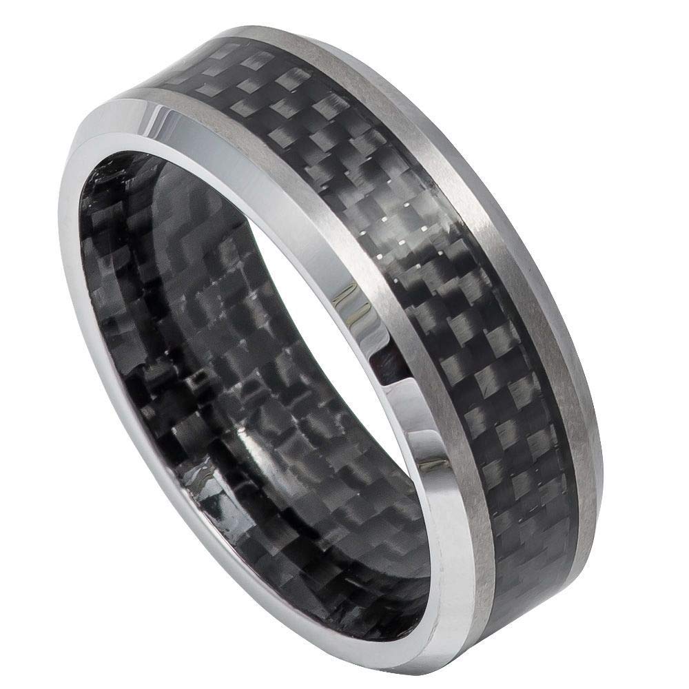 TosowebOnline Men's 8mm Polished Tungsten Carbide Ring with Carbon Fiber Inlay - Beveled Edge Comfort Fit Wedding Band for Anniversary, Engagement & Everyday Wear