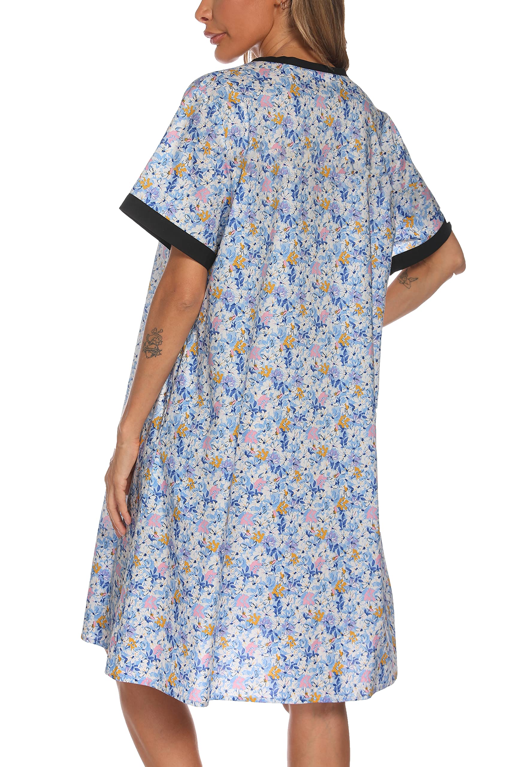 YOZLY Women's Short Sleeve House Dress with Pockets - Comfortable Home Robe, Duster & Nightgown for Lounge, Sleep & Relaxation