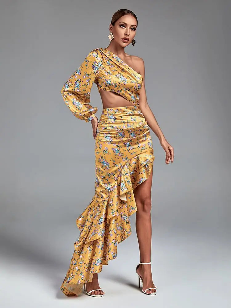 Floral Print Long Dress for Women - Elegant One Shoulder Evening Party Dress with Ruffle Detail | Sexy Club Outfit for Birthday, Summer Night Out & Special Occasions