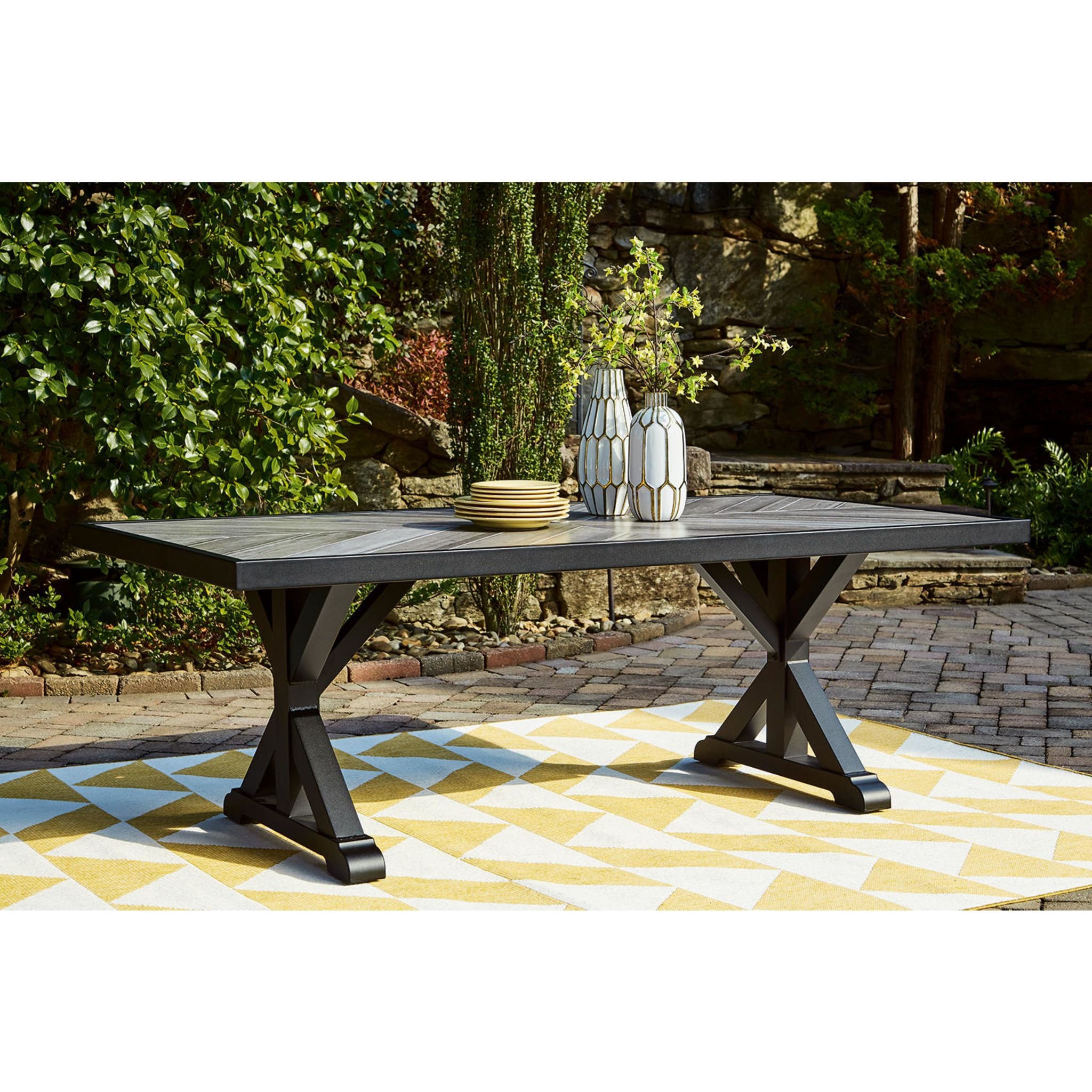 Beachcroft Outdoor Rectangle Dining Table - Waterproof & Rust-Resistant, Black/Light Gray - Perfect for Patio, Garden, and Backyard Dining