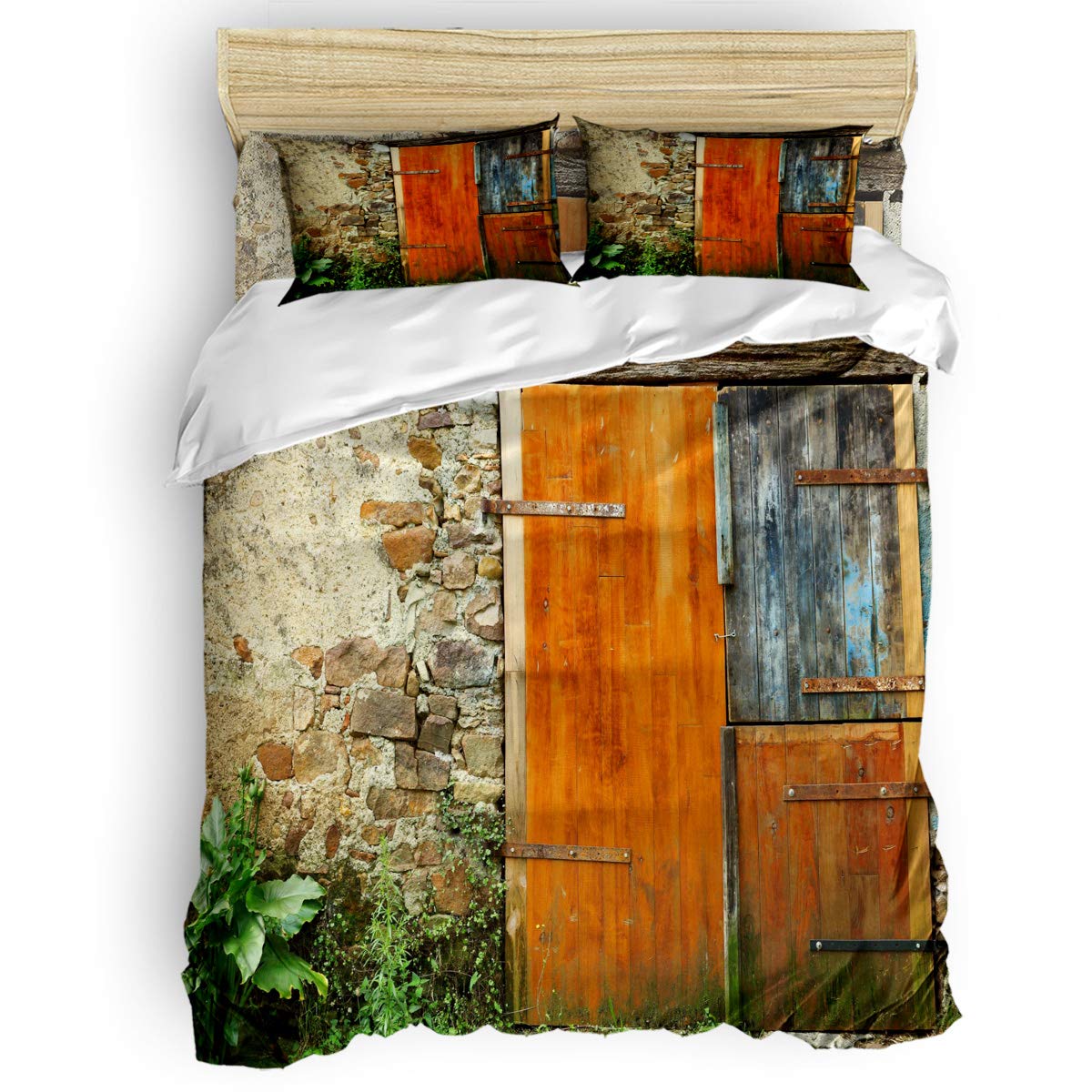**4-Piece King Size Retro Stone Wall Wooden Door Duvet Cover Set - Soft Bedding Set with Duvet Cover, Flat Sheet & Pillowcases for Adults, Teens & Kids - Perfect for Cozy Bedrooms, Guest Rooms & Dorm Decor**