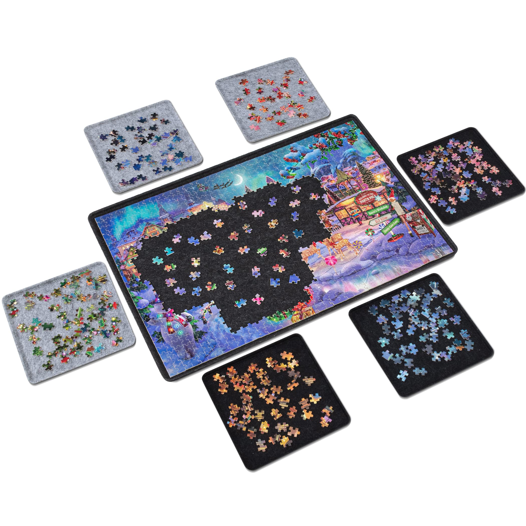 Premium Portable Jigsaw Puzzle Board with 6 Sorting Trays - Felt Puzzle Mat & Storage Solution for 1000-Piece Puzzles (Black) | Perfect for Travel, Home Organization & Family Game Nights