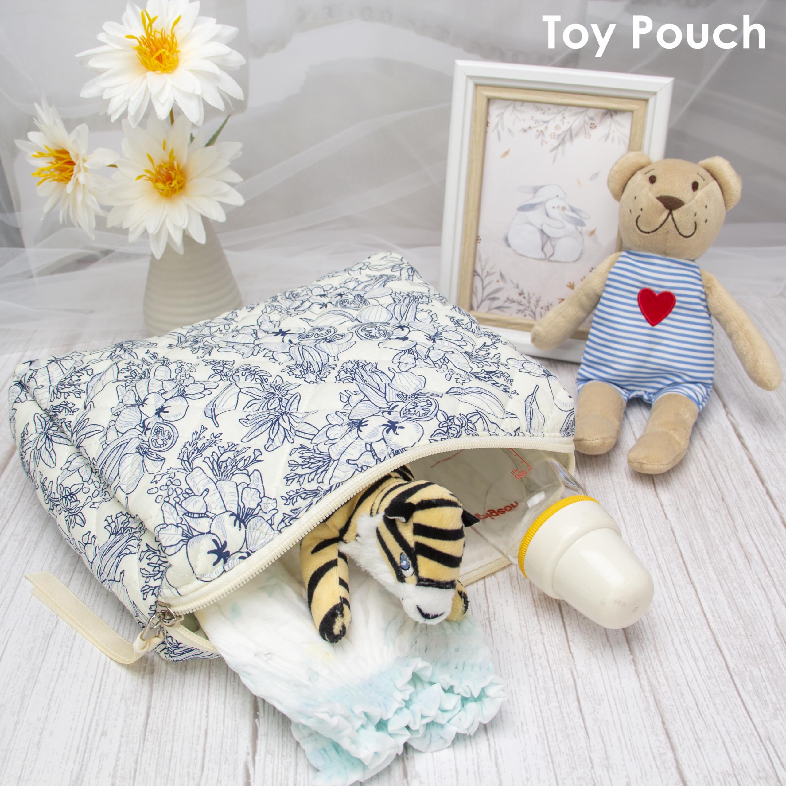 PAZIMIIK Large Quilted Cotton Makeup Bag for Women - Travel Cosmetic Organizer Pouch with Floral Design (White) - Perfect for Travel, Gym & Daily Beauty Essentials Storage