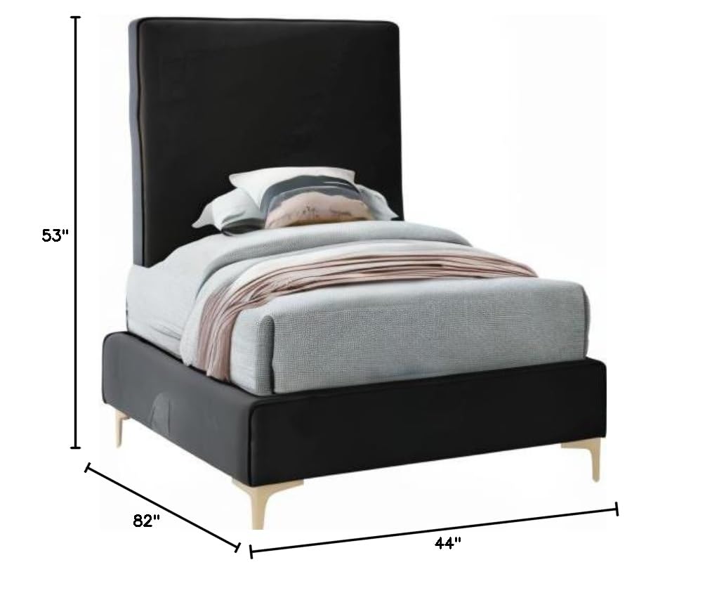 Modern Velvet Upholstered Bed with Gold/Chrome Headboard - Twin Size Black Bed Frame for Contemporary Bedrooms | Meridian Furniture Geri Collection