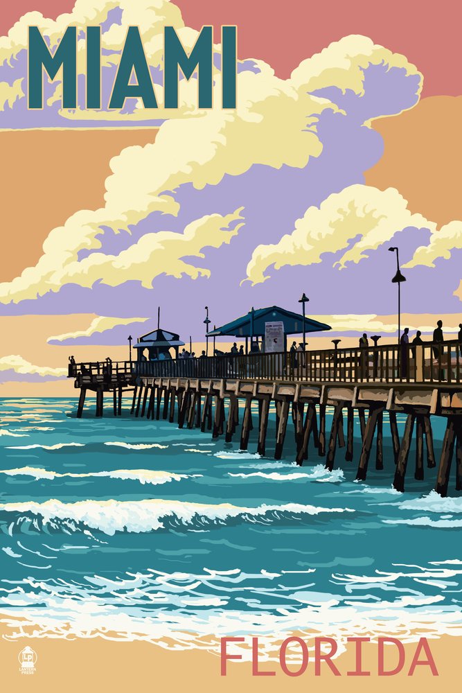 Florida Miami Beach Fishing Pier Sunset Metal Wall Art - 24x36 Gallery Quality Aluminum Decor for Living Room, Bedroom & Office