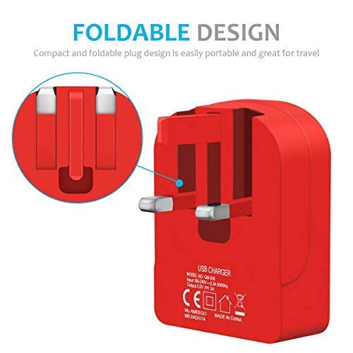 AMO 3-Port USB Wall Charger with Folding UK Plug - 3.1A 15W Fast Charging for iPhone, iPad, Samsung Galaxy, HTC, Windows Phone & Tablets | Perfect for Home, Office & Travel Charging