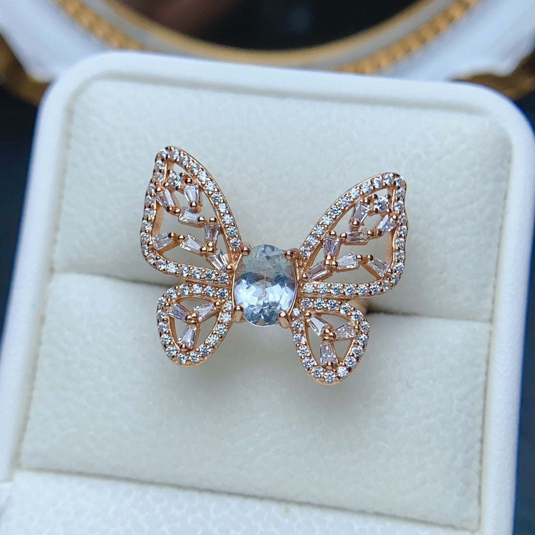 18K Gold Butterfly Aquamarine Crystal Ring for Women - Elegant Vintage Jewelry Gift for Birthday, Anniversary & Valentine's Day | NS2401