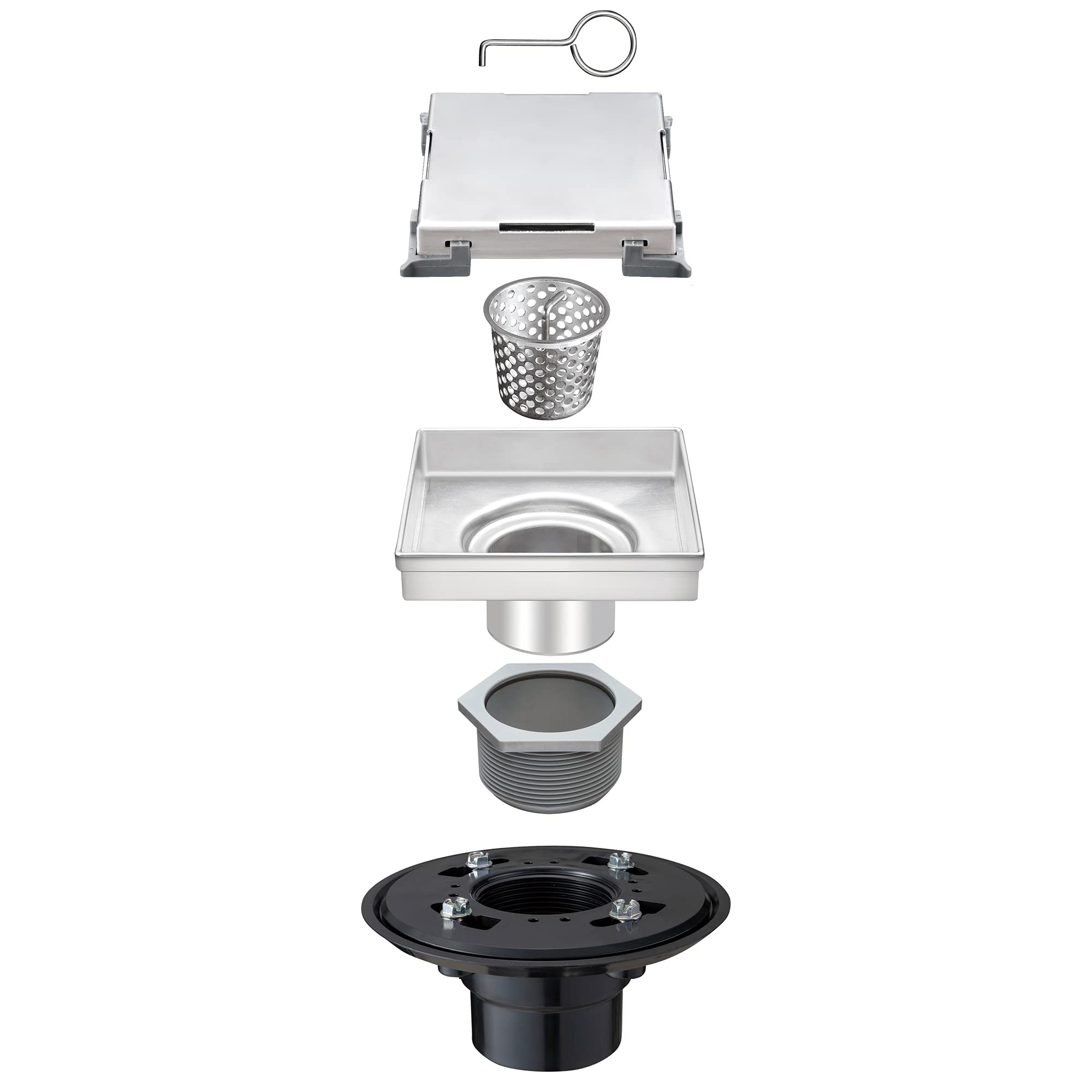 HEATGENE 4-Inch Square Shower Drain - Stainless Steel Floor Drain with Hair Strainer & 2-in-1 Flat/Tile Insert Cover - Brushed Finish for Bathroom, Shower, and Wet Room Installation