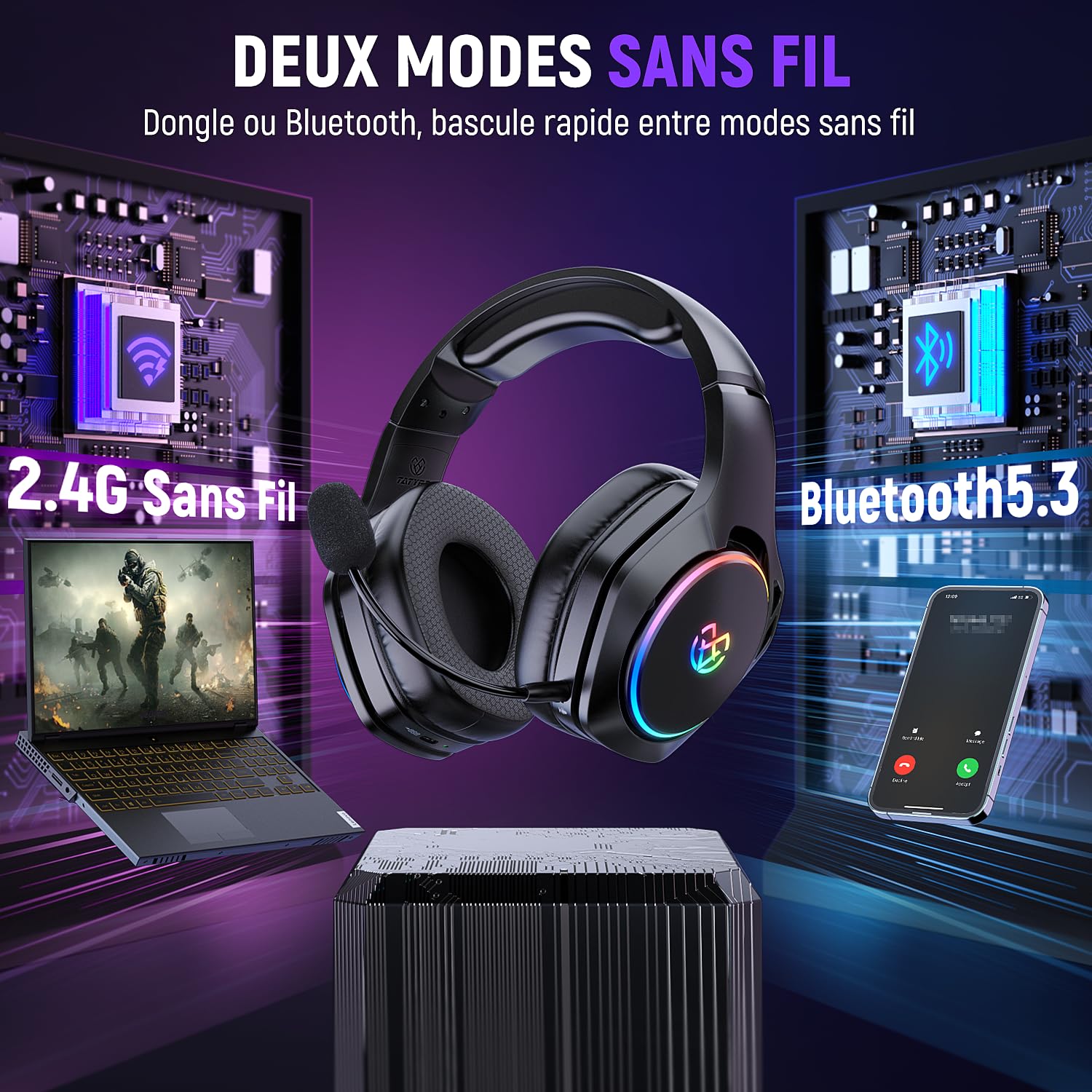 Wireless Gaming Headset with Microphone Noise Cancellation & 7.1 Surround Sound - Bluetooth/USB Compatible for PS5, PC, PS4, Switch - 35H Battery & Breathable Ear Cups - Perfect for Competitive Gaming & Online Meetings