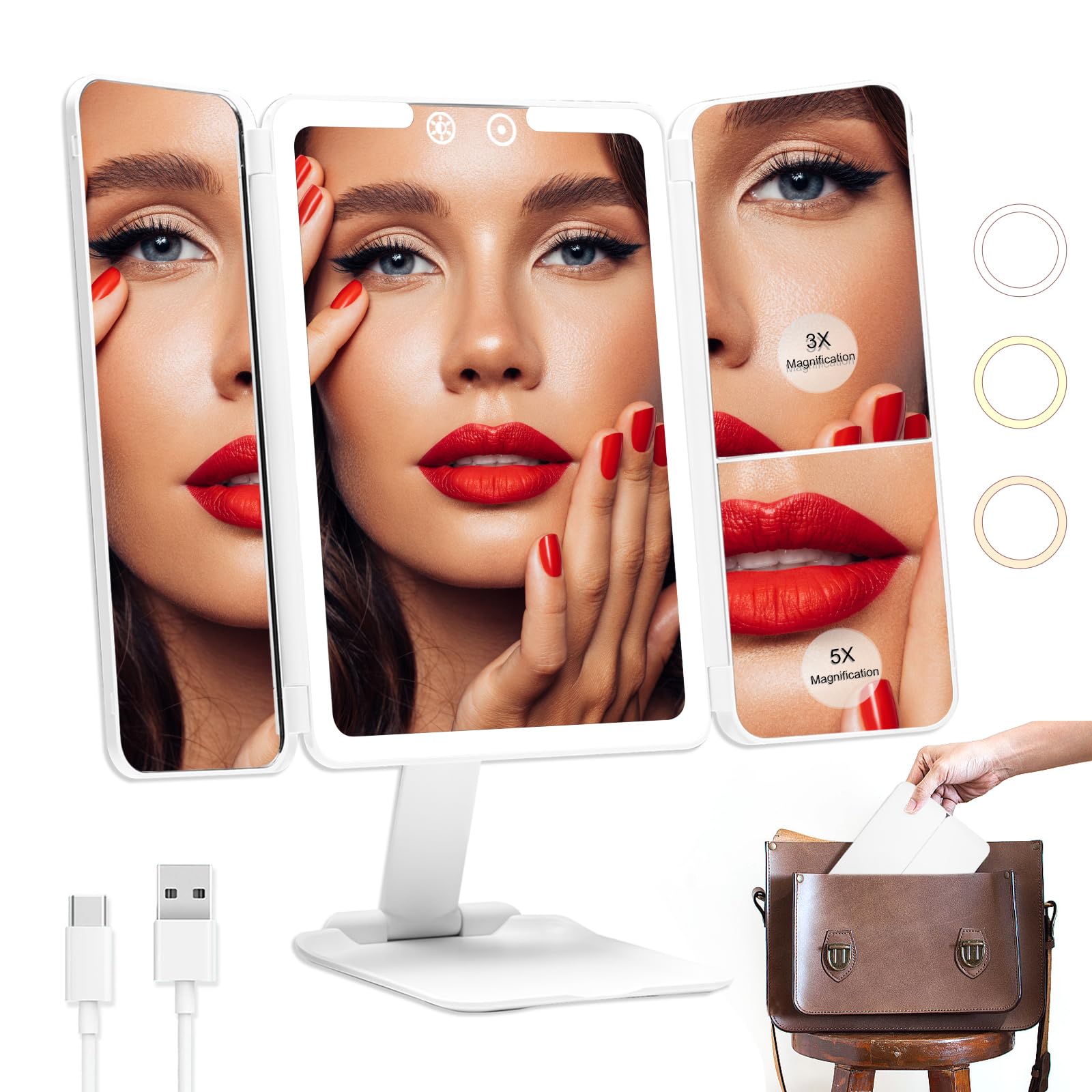 1X/3X/5X Trifold LED Travel Makeup Mirror with Touch Sensor - 3 Color Adjustable Lights, Portable Vanity Mirror for Home & Travel - Perfect for Makeup Application, Skincare Routine, and Salon Professionals