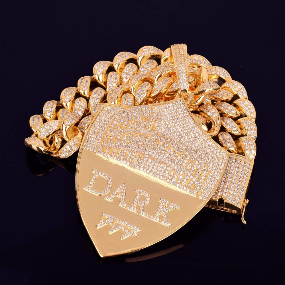 18K Gold Plated Iced Out Shield Pendant Necklace - CZ Simulated Diamond Hip Hop Chain for Men & Women | Perfect for Rappers, Streetwear & Gift Giving