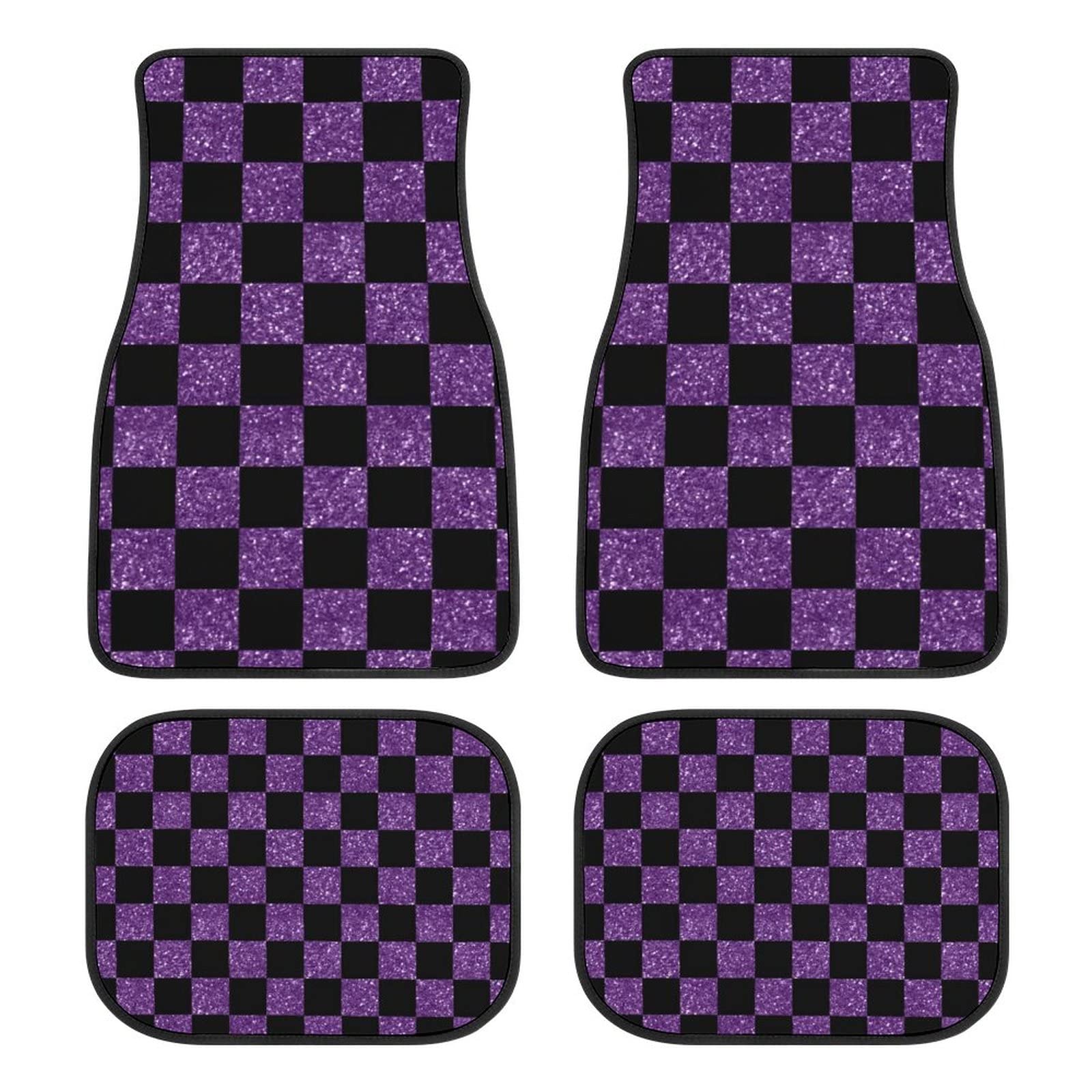 Glitter Purple and Black Checkered 4-Piece Universal Car Floor Mats Set - All Weather Protection for SUV, Van, Sedan, Truck - Perfect for Daily Commute, Road Trips & Winter Driving
