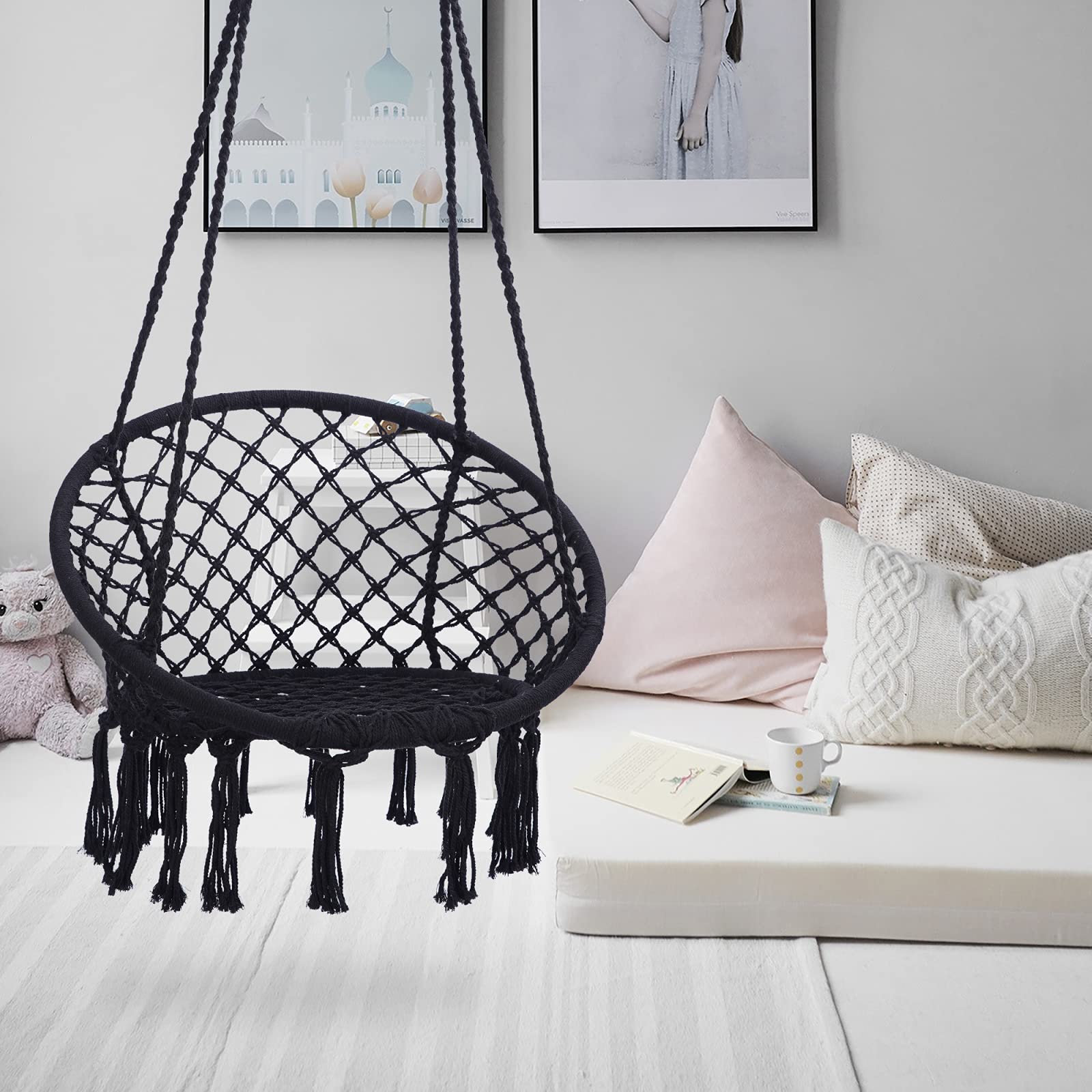 Macrame Swing Chair Hammock - 330 Lbs Weight Capacity, Cotton Rope Hanging Chair for Indoor & Outdoor Use - Perfect for Garden, Patio, Living Room, and Nursery Relaxation (Black)