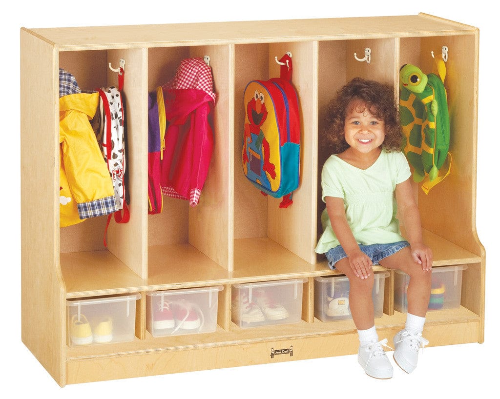 Jonti Craft Toddler 5-Section Coat Locker with Step and Clear Trays - Durable Kids School Storage for Jackets, Backpacks & Shoes - Perfect for Preschools, Daycares & Home Entryways
