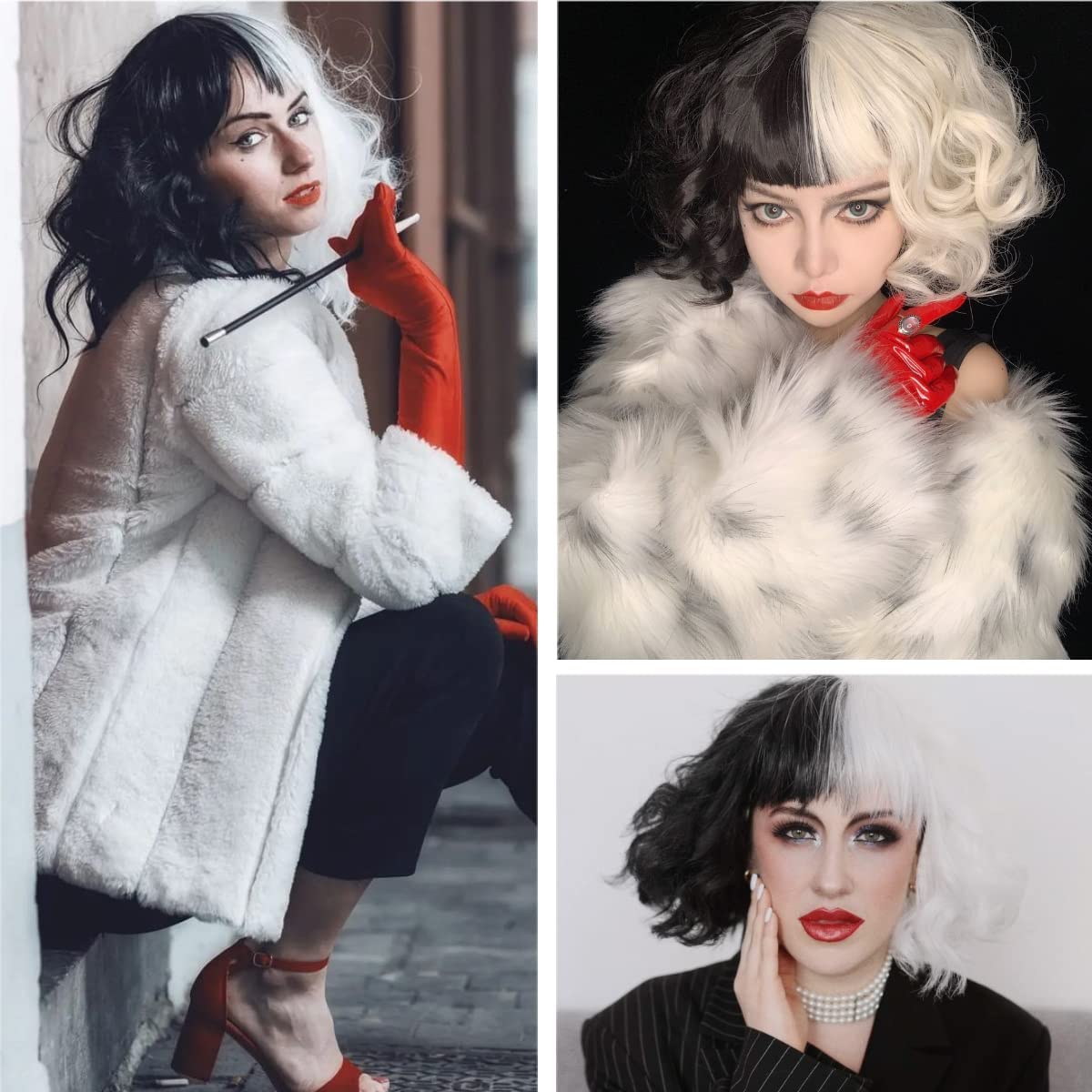 Cruella De Vil Costume Wig Set for Women - Short Black & White Cosplay Wig with Gloves, Wig Cap, Mask, Holder & Necklace | Perfect for Halloween, Carnival, Cosplay Parties & Fancy Dress Costumes