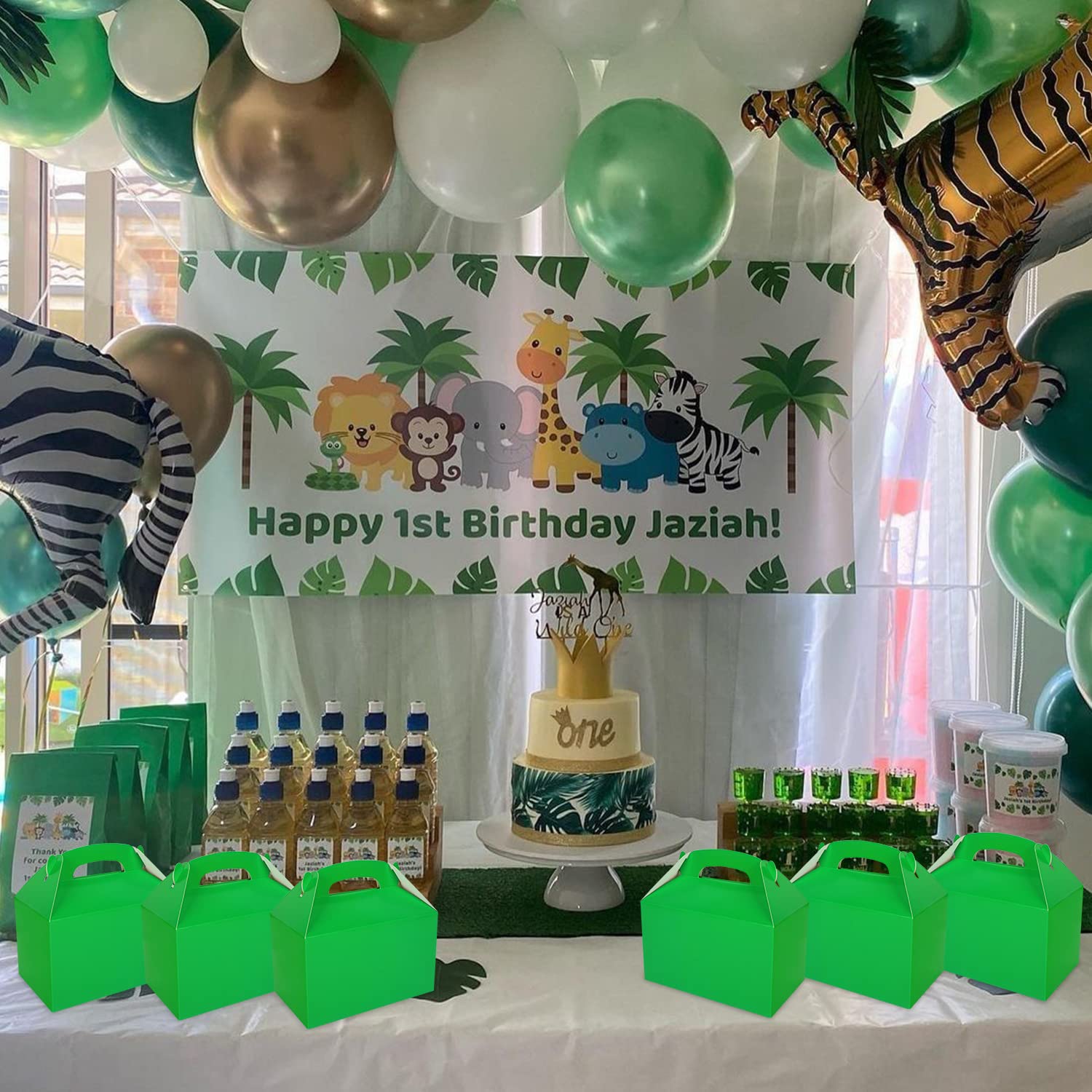 24-Pack Green Party Favor Treat Boxes with Handles - Eco-Friendly Candy Cake Gift Boxes for Jungle Forest Birthday, Baby Shower, Wedding & St. Patrick's Day Party Decorations - Perfect for Snack Goodies and Party Favors