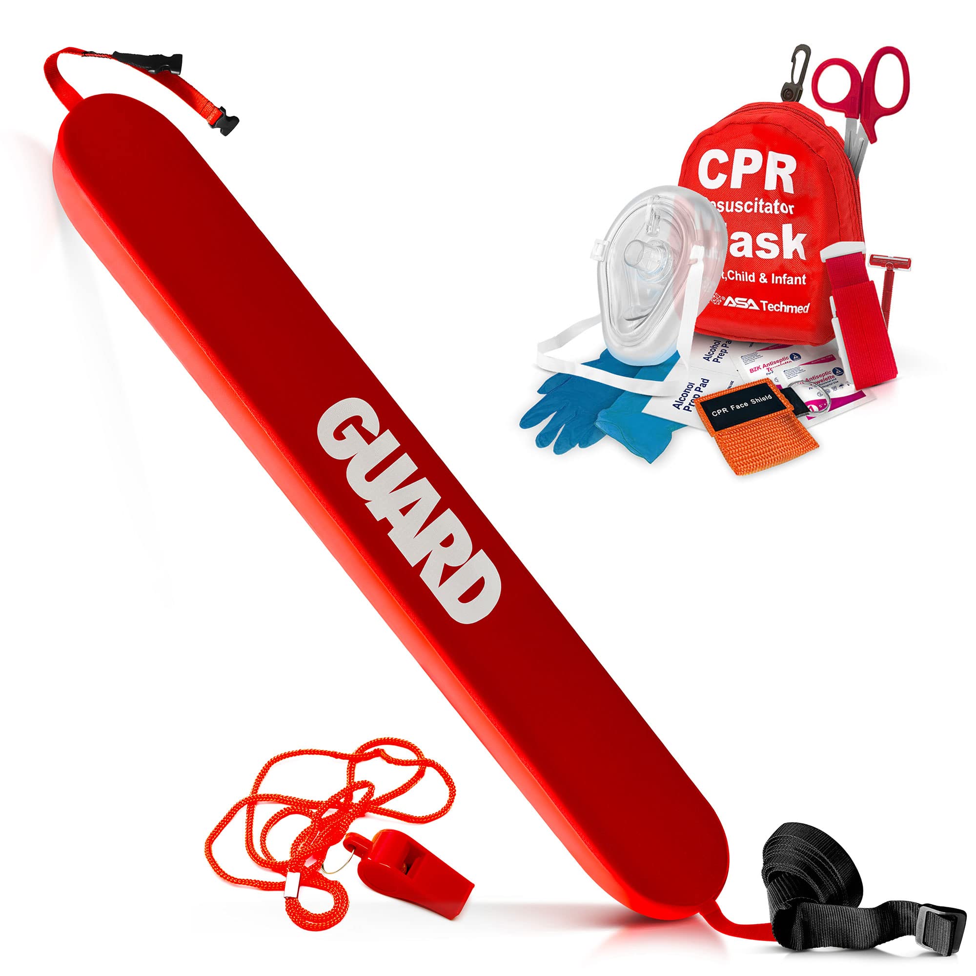 ASA TECHMED - 50 Inch Red Lifeguard Rescue Tube with CPR Kit & First Aid Kit - Includes Matching Red Whistle - Professional Water Safety Equipment for Beaches, Pools & Emergency Rescue Scenarios