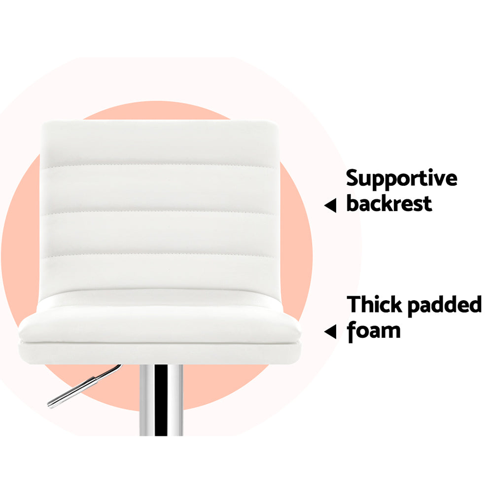 2 Pack Adjustable Height Leather Bar Stools with Padded Seats and Gas Lift Mechanism - White - Perfect for Kitchen Islands, Home Bars, and Dining Areas