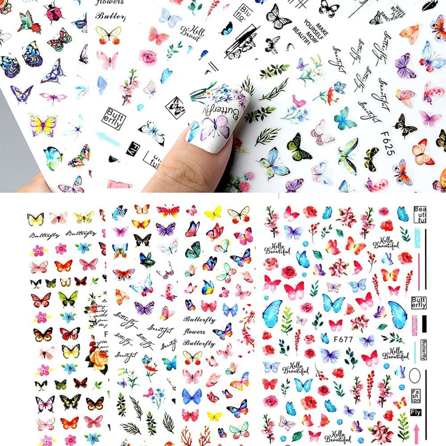 FAMEZA 12 Sheets 3D Nail Art Stickers - Multi-Shaped Butterfly Nail Decals, Self-Adhesive Nail Designs for Acrylic & Gel Nails | Perfect for DIY Manicures, Nail Salons & Home Nail Art
