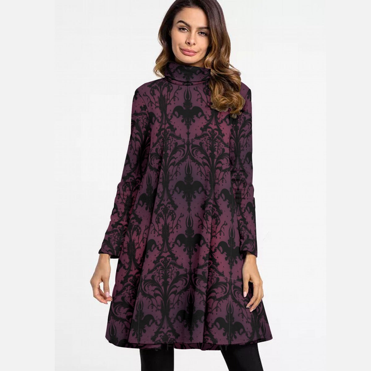 Gothic Purple and Black High Neck Long Sleeve Dress for Women | Elegant Gothic Fashion for Parties, Halloween, and Night Out