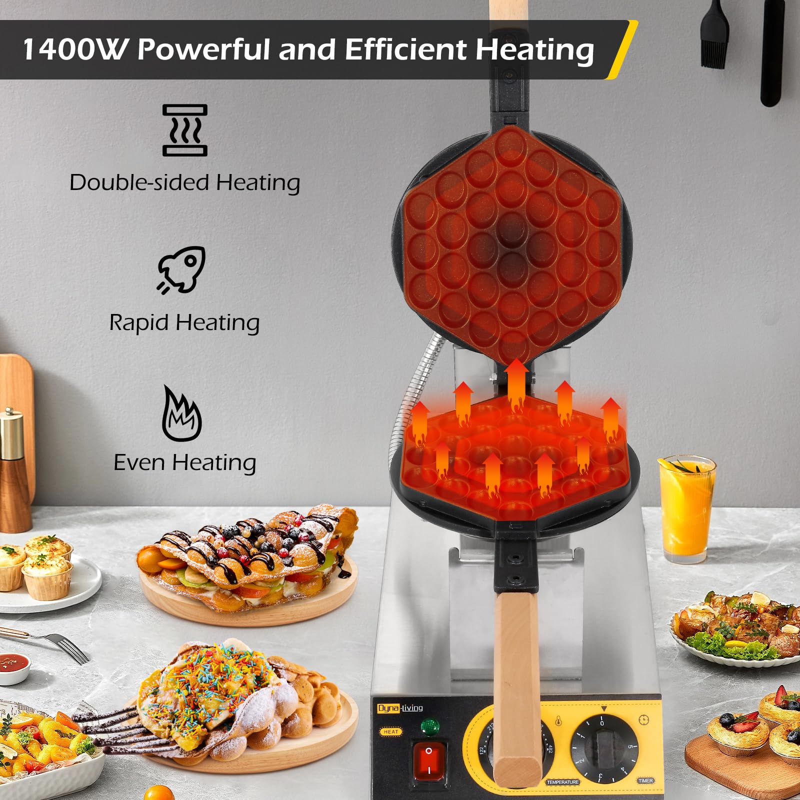 Dyna-Living 1400W Commercial Bubble Waffle Maker - Electric Stainless Steel Egg Waffle Machine with 180° Rotation & Non-Stick Coating - Perfect for Restaurants, Cafes & Home Breakfast (Hong Kong Style Egg Puff)