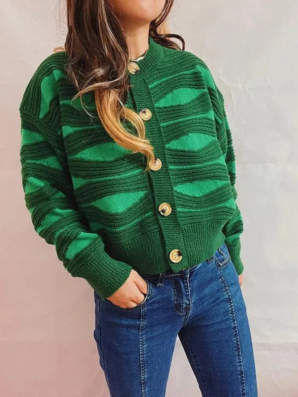 Women's Striped Contrast Crewneck Short Cardigan Sweater - Lightweight Knit Open Front Cover-Up for Spring & Fall Layering