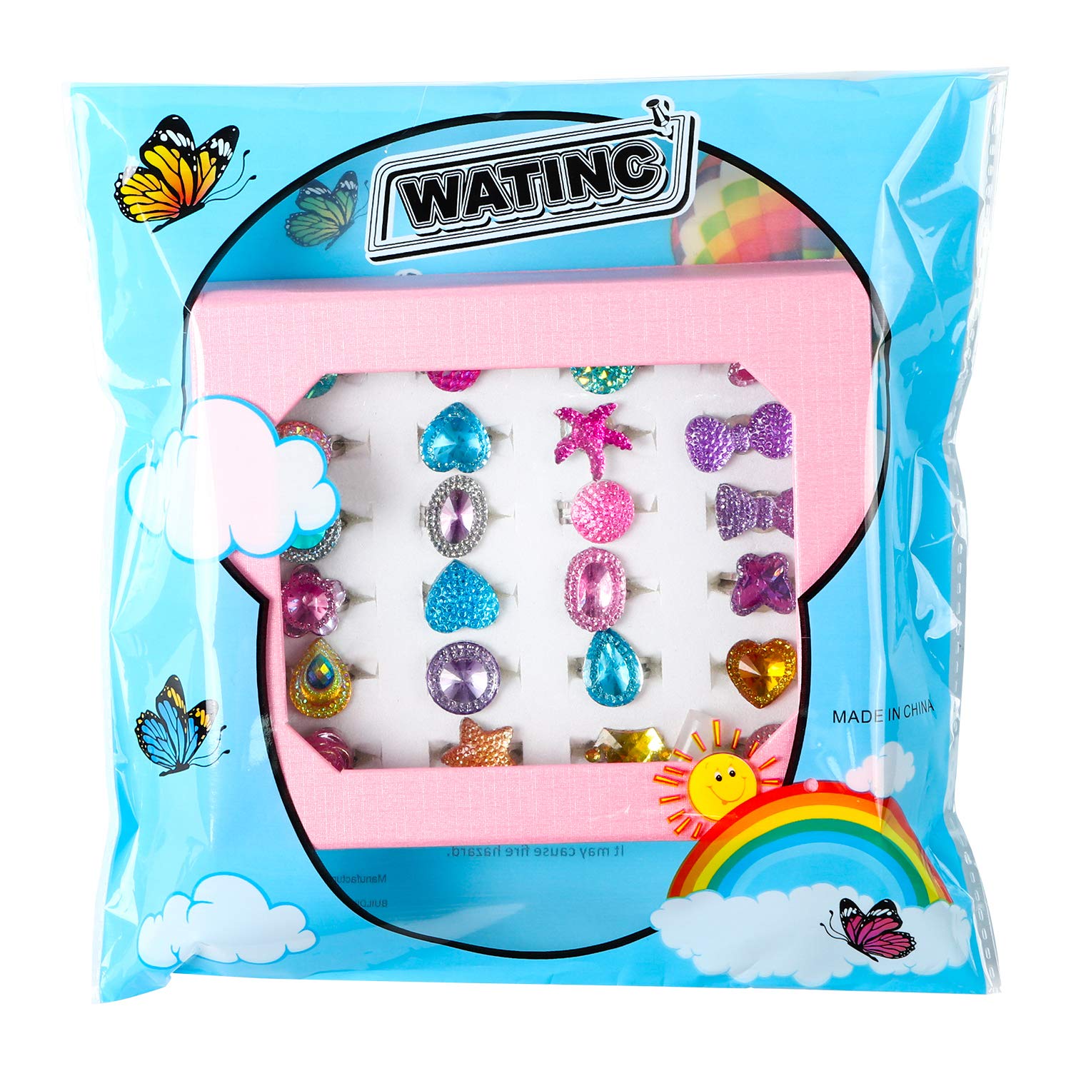 WATINC 24Pcs Adjustable Princess Pretend Jewelry Rings Set for Girls - Sparkling Rhinestone Dress Up Play Toys, Unique Diamond Rings Gift Box for Little Girls - Perfect for Birthday Parties, Dress Up Play & Pretend Play