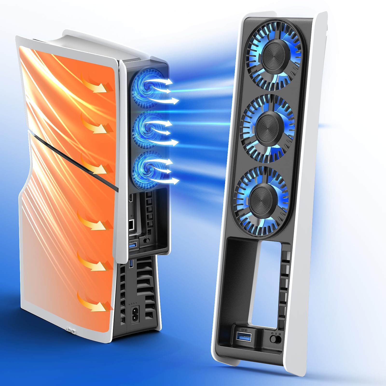 PS5 Slim Cooling Fan with Auto ON/OFF, 2-Speed Quiet Cooling, LED Light & USB Port - Compatible with PS5 Slim Digital & Disc Edition (Not for PS5) - Perfect for Gaming Sessions & Overheating Prevention
