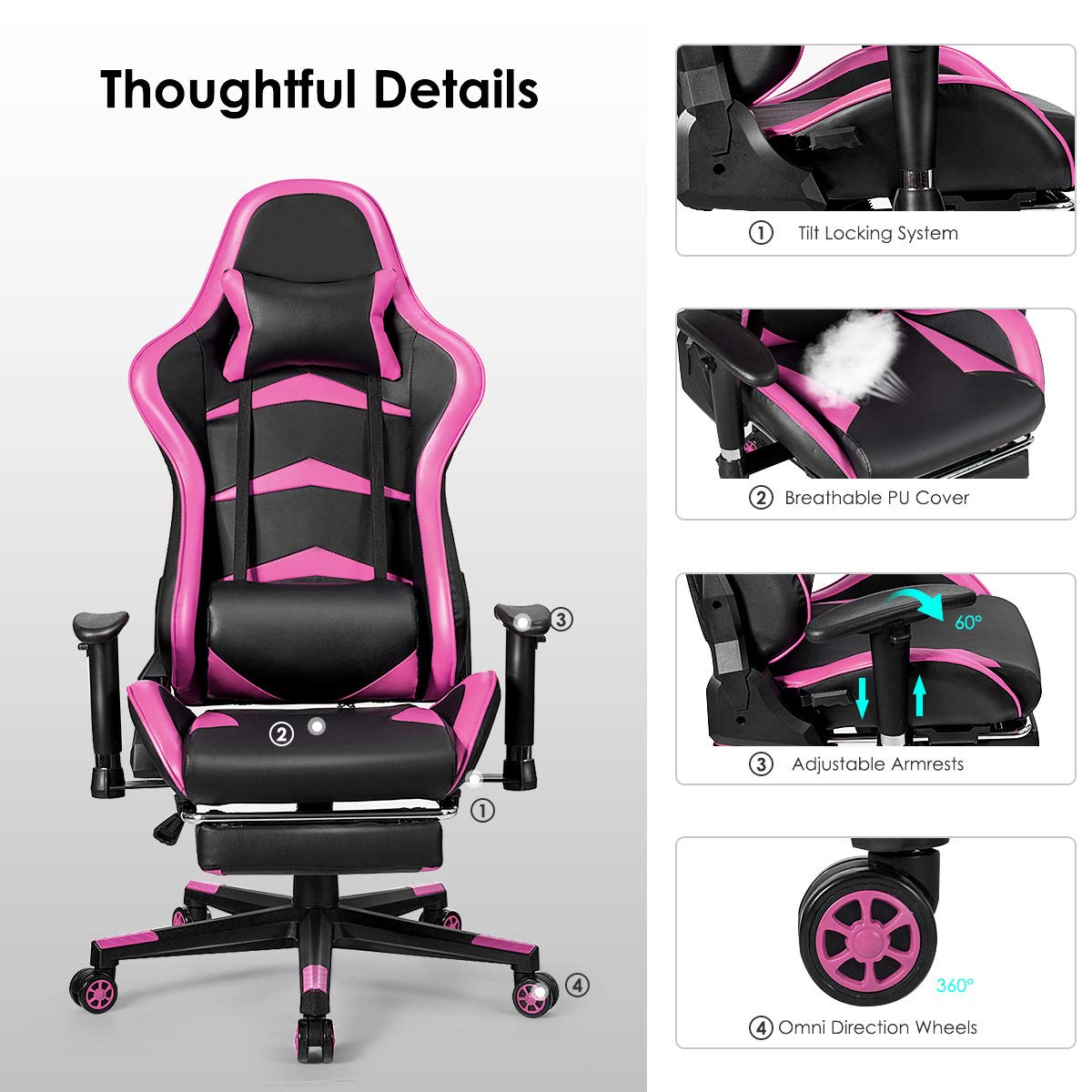 GOFLAME Ergonomic Gaming Chair - Racing Style High Back Office Chair with Adjustable Lumbar Support, Headrest, Footrest & Massage Function | Perfect for PC Gaming, Home Office & Esports Setup