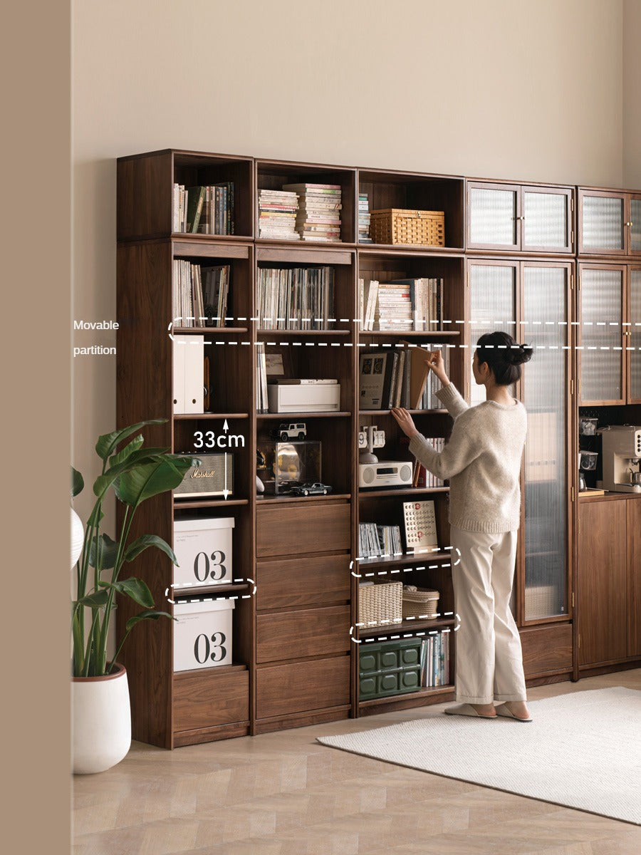 Black Walnut Solid Wood Bookcase - Free Standing Adjustable Bookshelf for Living Room, Office & Study | Modern Home Storage Furniture
