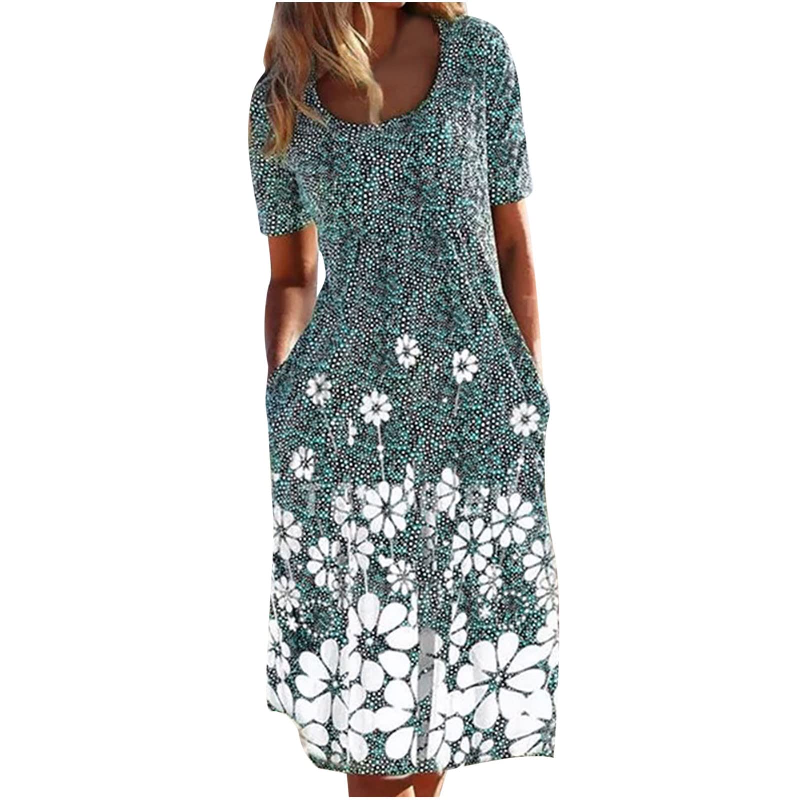 Women's Floral Print Short Sleeve Casual Shirt Dress - Crewneck Sundress with Pockets, Loose Beach Dress for Summer, Perfect for Vacation, Outdoor Activities and Daily Wear